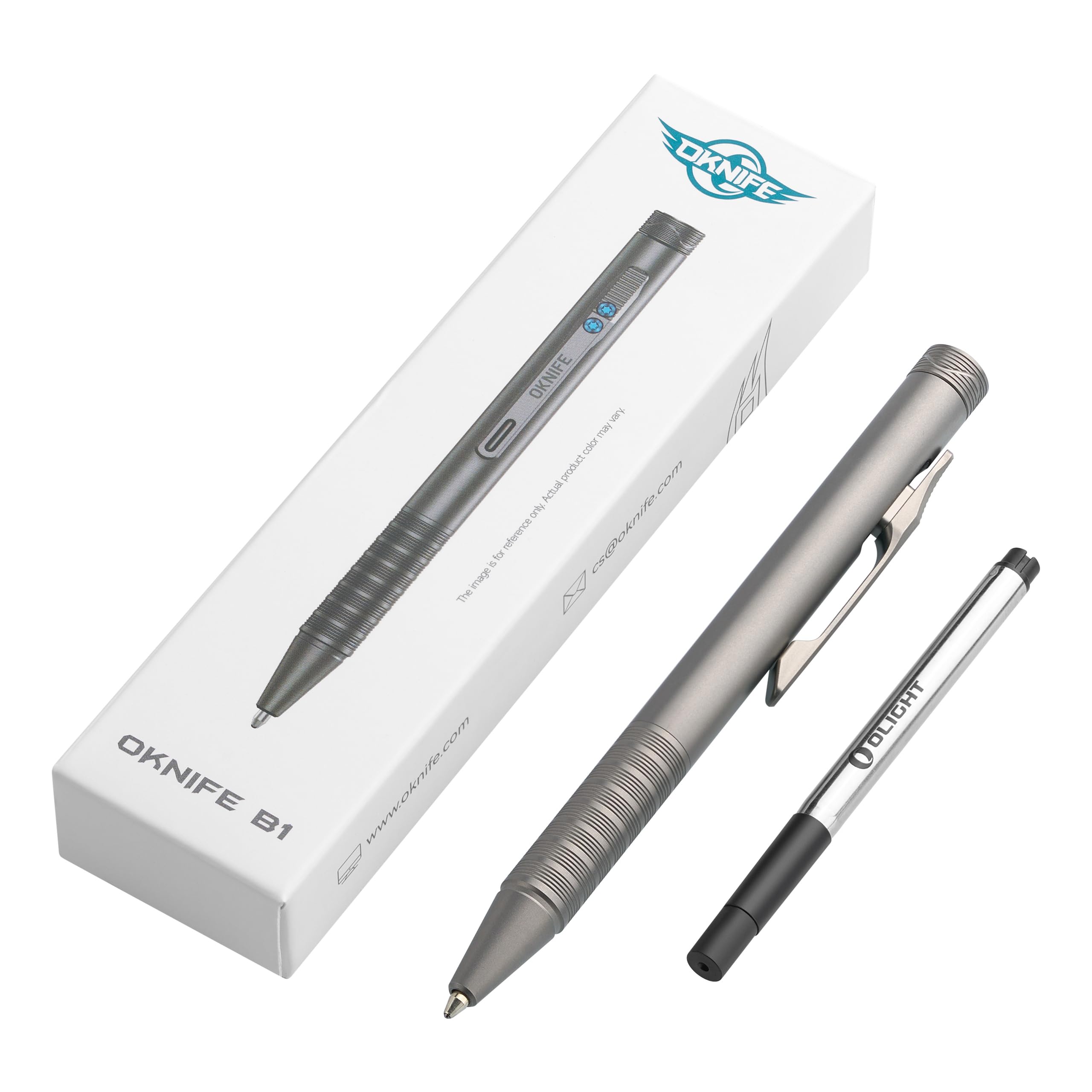 OKNIFE B1 Ti Titan EDC Kugelschreiber mit Clip 2 Minen Büro Arbeit | Leichter Titan Stift mit praktischem Betätigungsmechanismus, 2 Minen für Büro und Arbeit,Taschenkugelschreiber