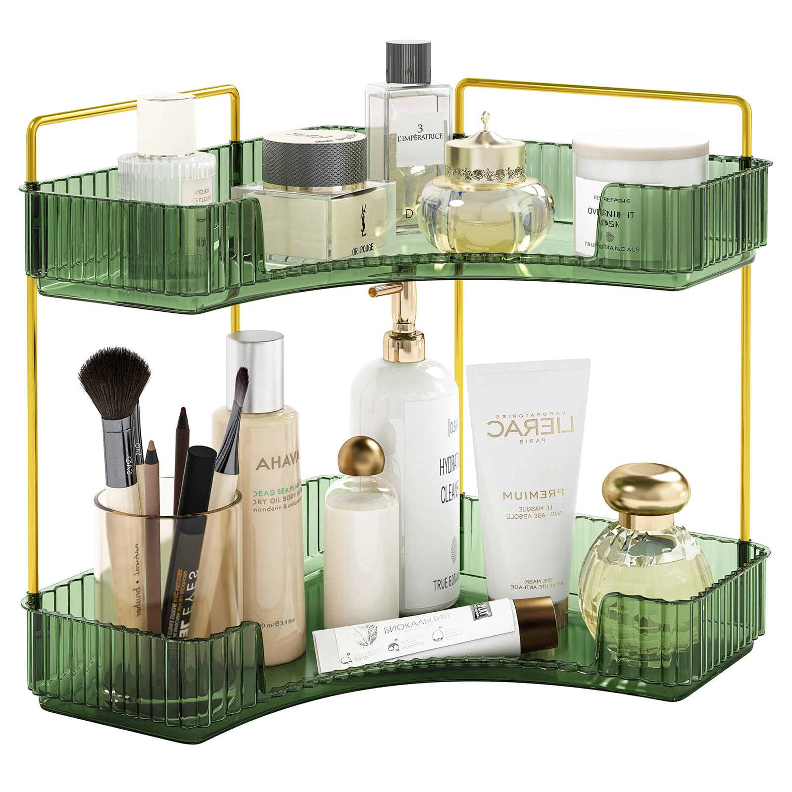 Fixwal Corner Bathroom Counter Organizer, 2 Tier Transparent Countertop Storage for Cosmetics, Skincare, Perfume, Makeup Organizer for Vanity, Spice Rack for Kitchen (Green)