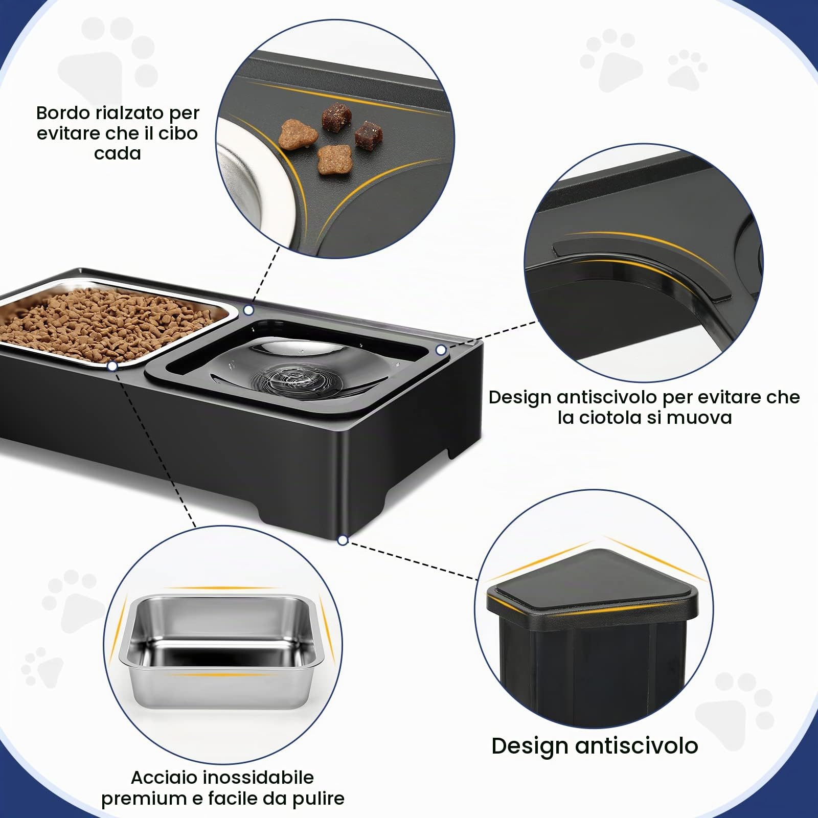 PETTOM Ciotole per Cani Rialzate, Ciotola per Cani Regolabile in 4 Altezza, Ciotola Acqua Antigoccia e Acciaio Inox Set, 1,6L*2