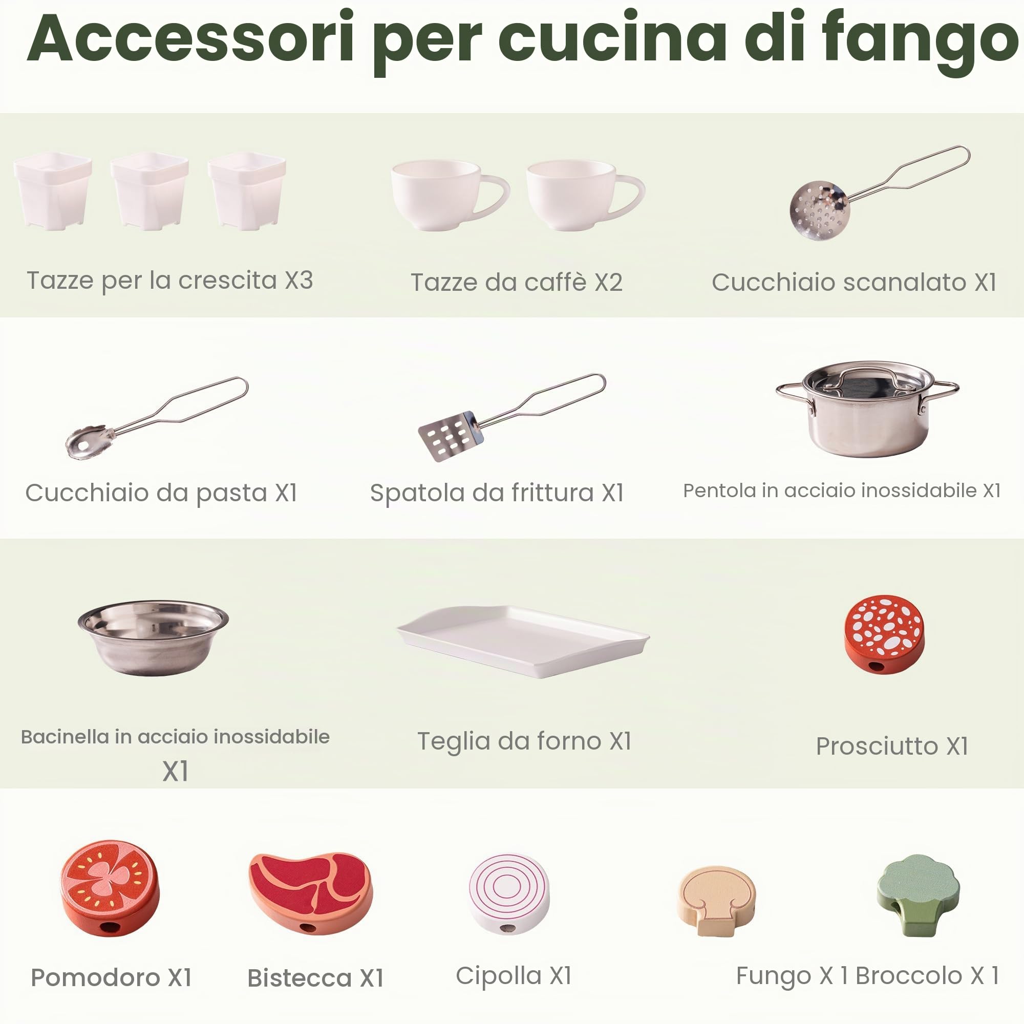 ROBUD Cucina in legno per bambini, 17 pezzi di cucina finta con lavello, lavagna e accessori da cucina, cucina giocattolo all'aperto per barbecue, set di giochi educativi per bambini dai 3 anni in su