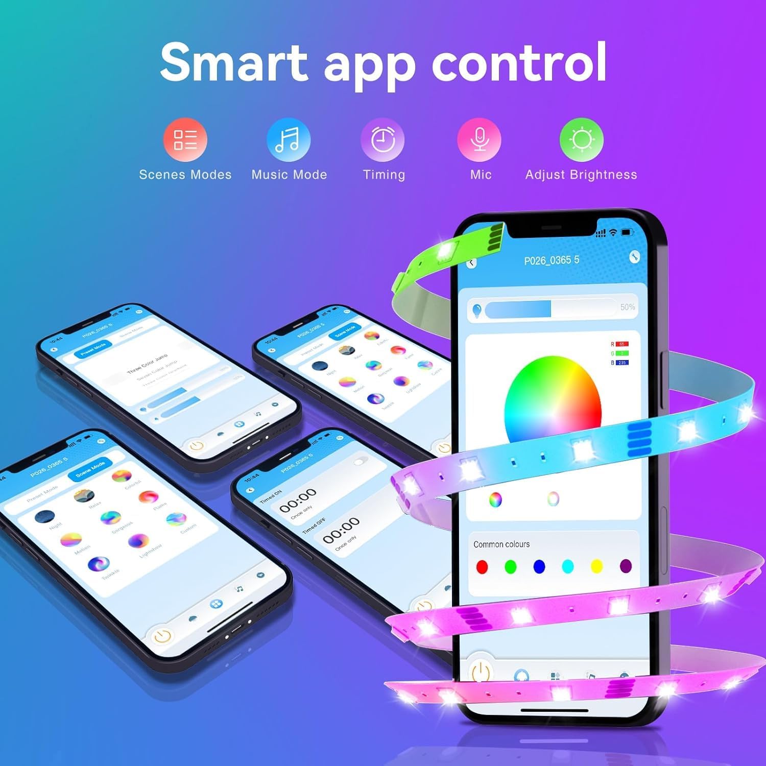 TJOY - Tira de luces LED Bluetooth de 200 pies, iluminación de tira larga, sincronización de música, luces LED RGB que cambian de color para recámara con control remoto, control de aplicación de