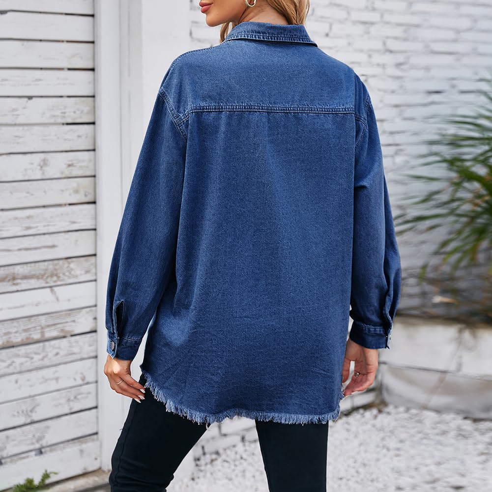Mujer Blusas con Cuello en Solapa Suelta Tunica Tops Camisa Vaquera Boyfriend Extragrande Tejido Denim Lavado Manga Larga Camisa Vaquera Western con Botones