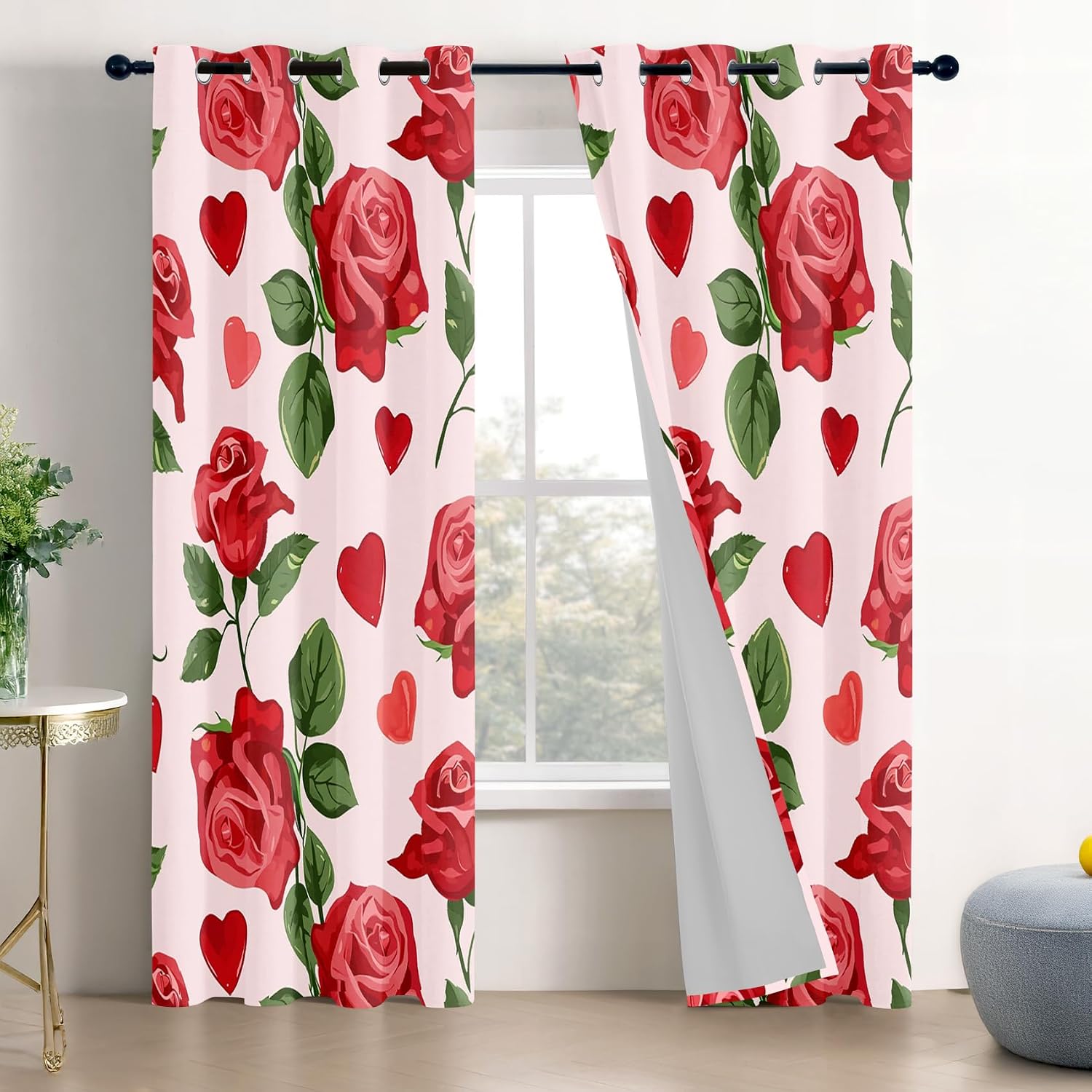 Floral Curtains 63 Inch Length - Red Rose Flower Romantic Love Heart Patterned Blackout Curtains for Living Room Bedroom, Room Darkening Grommet Drapes Window Treatments, 2 Panel Set