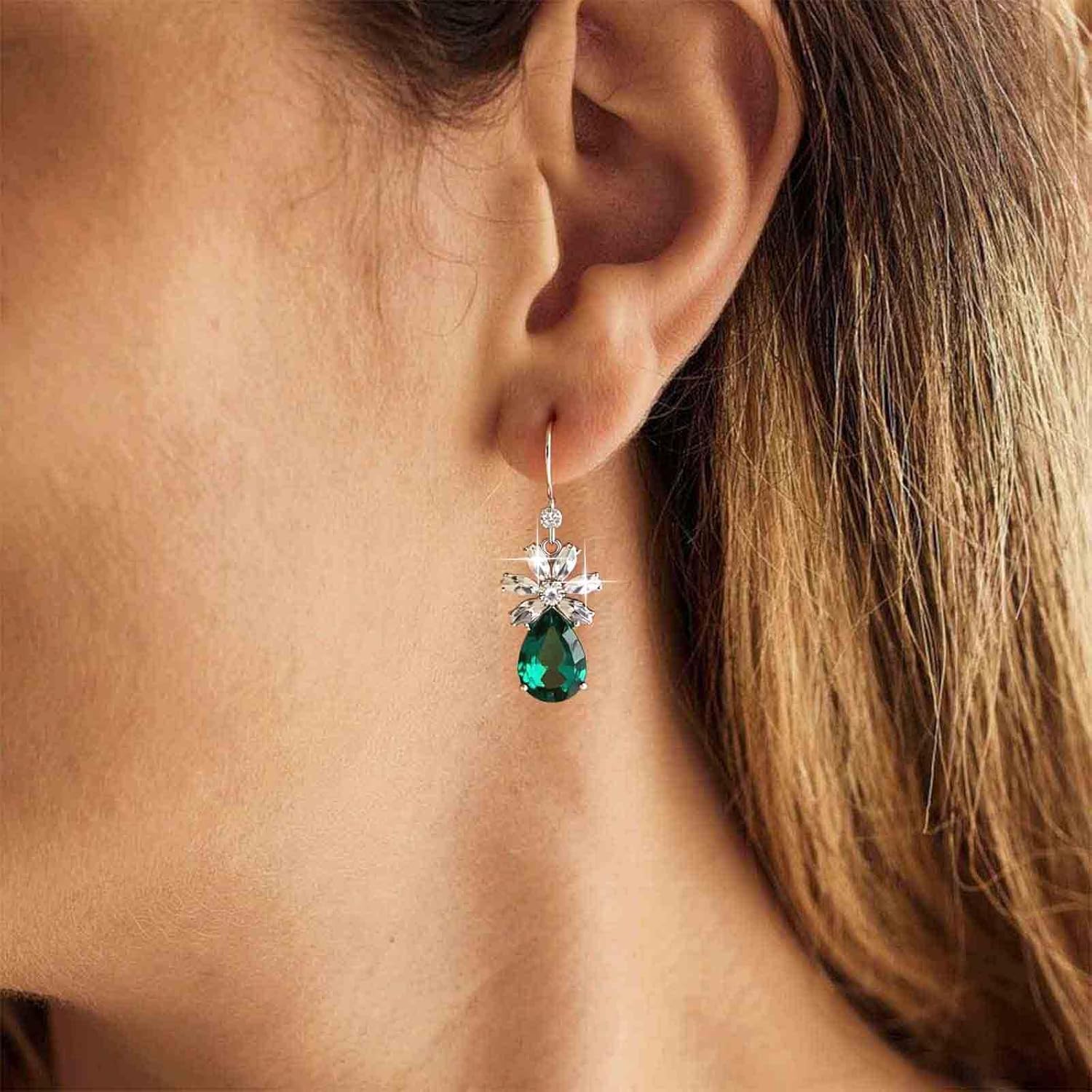 Vintage Cz Flower Emerald Earrings Silver Teardrop Emerald Dangle Earrings Green Crystal Drop Earrings Wedding Green Rhinestone Earrings Jewelry for Women - Image 2
