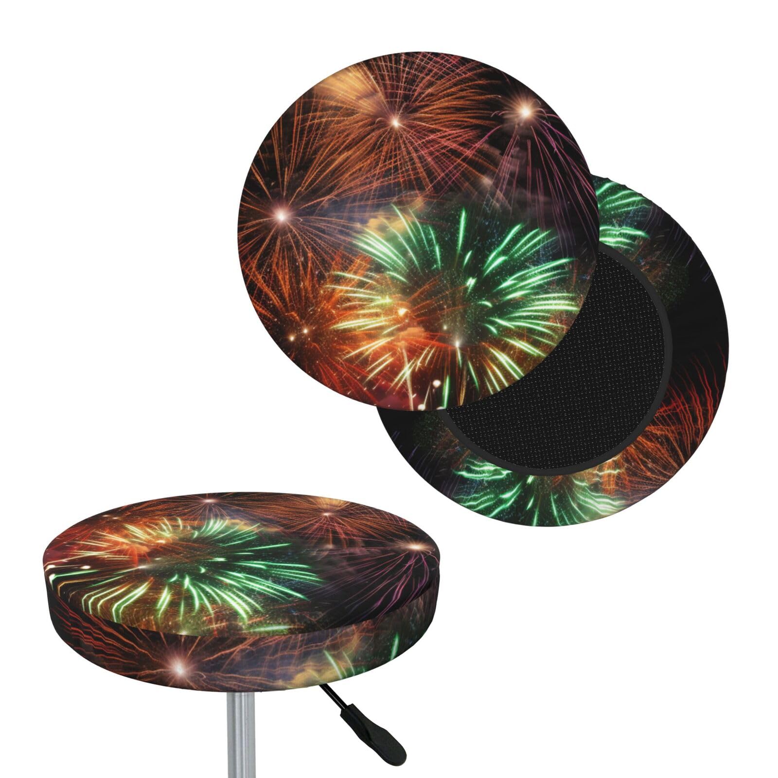 FodPand Splendid Fireworks Bar Stool Cover Round Elastic Stool Cushion Covers Washable Bar Stool Chair Slipcover Stretch Stool Seat Covers for 12-14 Inch Chair