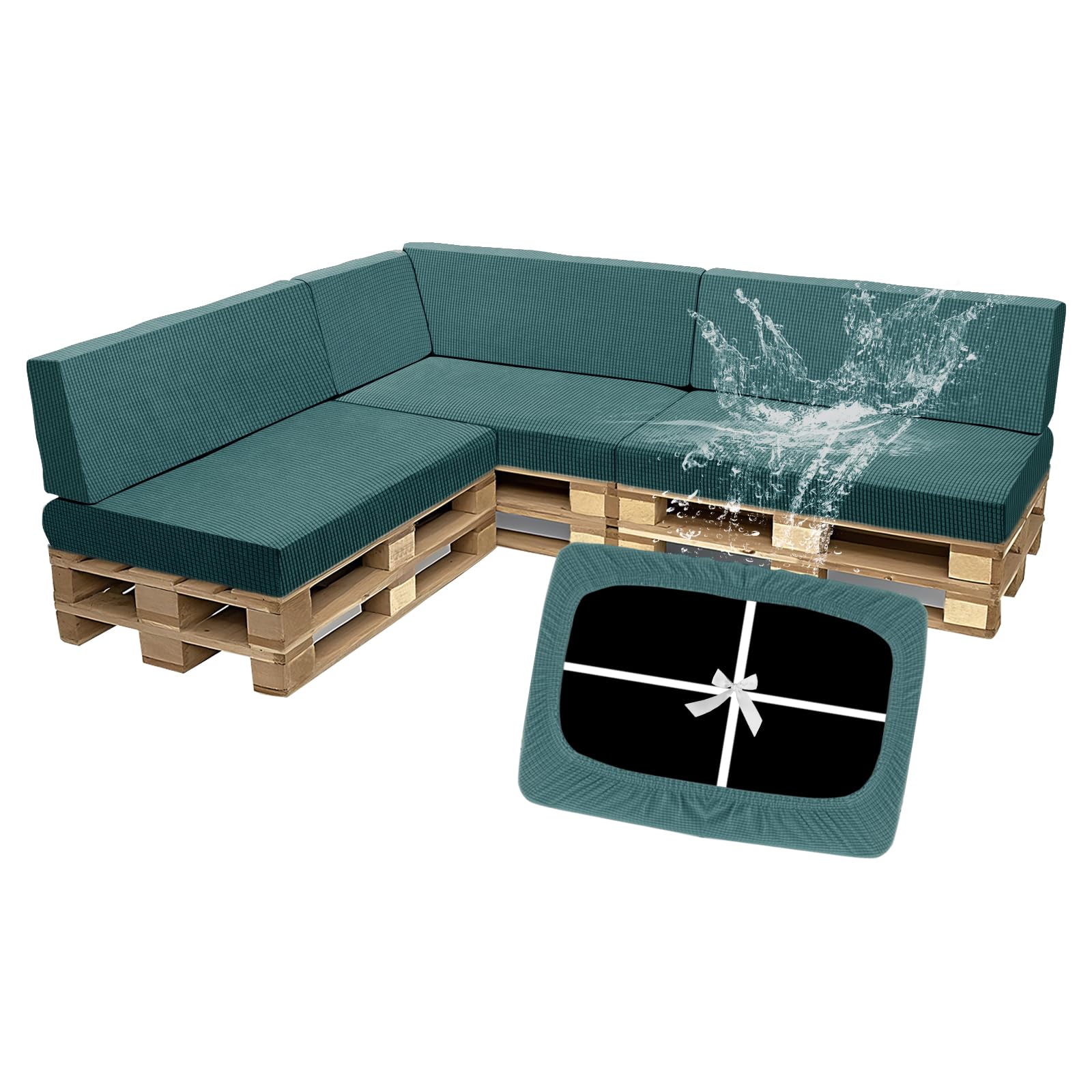 SYLC Waterproof Pallet Cushions Covers, Stretch Cover for Pallet Furniture Cushions with 4 Ties, Outdoor Corner Sofa Covers for Rattan Patio Garden Caravan (Lakegreen,7 PCS(3 Seats+4 Backs))