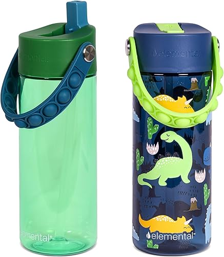 Miniatura 8 de Elemental Splash - Botella de agua para niños con tapa de popote y asa de reventar, a prueba de fugas cuando está cerrada, paquete de 2 botellas de