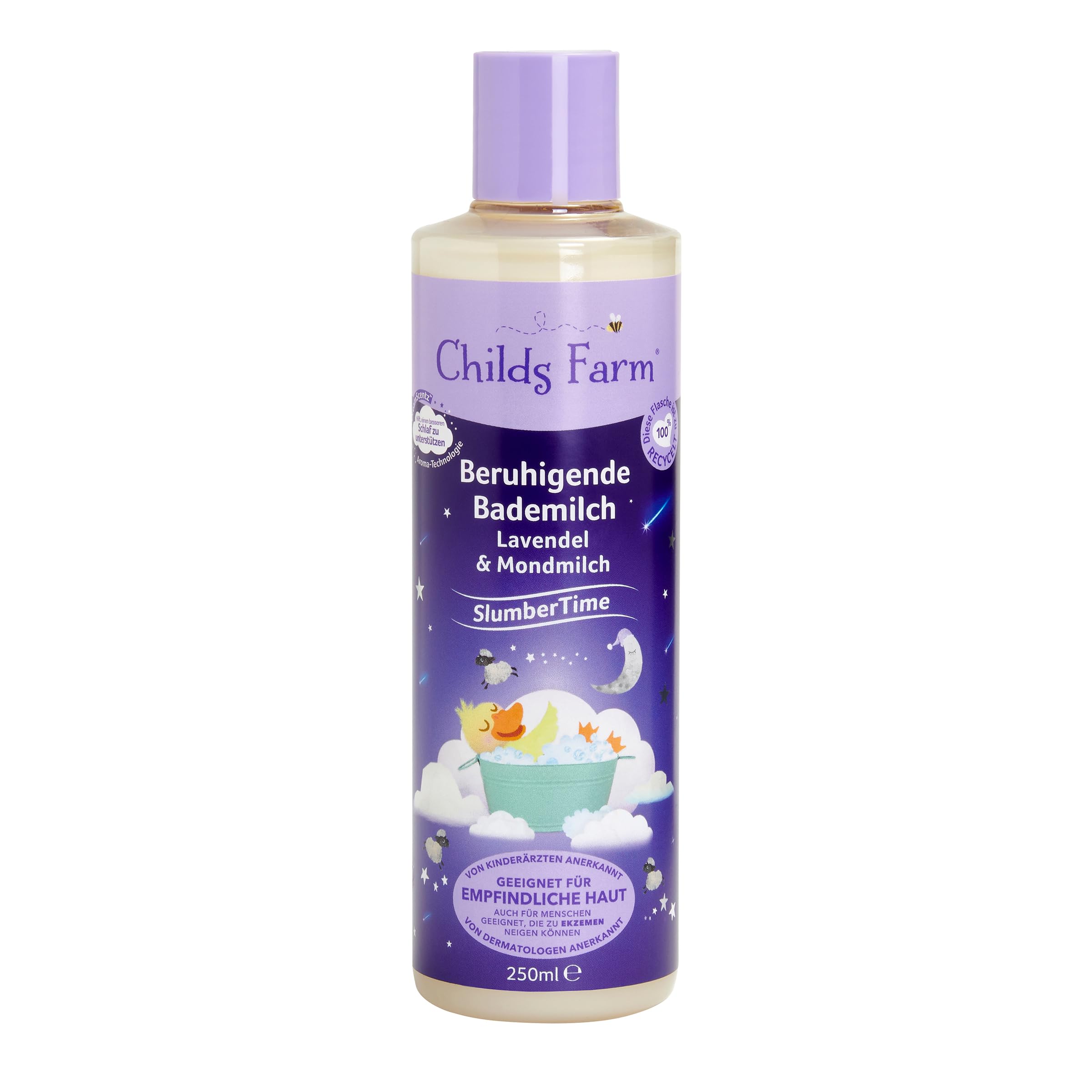Childs Farm SlumberTime uspokajające mleczko do kąpieli, lawendowe i księżycowe, 250 ml, delikatne kąpiele piankowe przed snem, dla wrażliwych lub skłonnych do egzemy noworodków, skóry niemowląt i