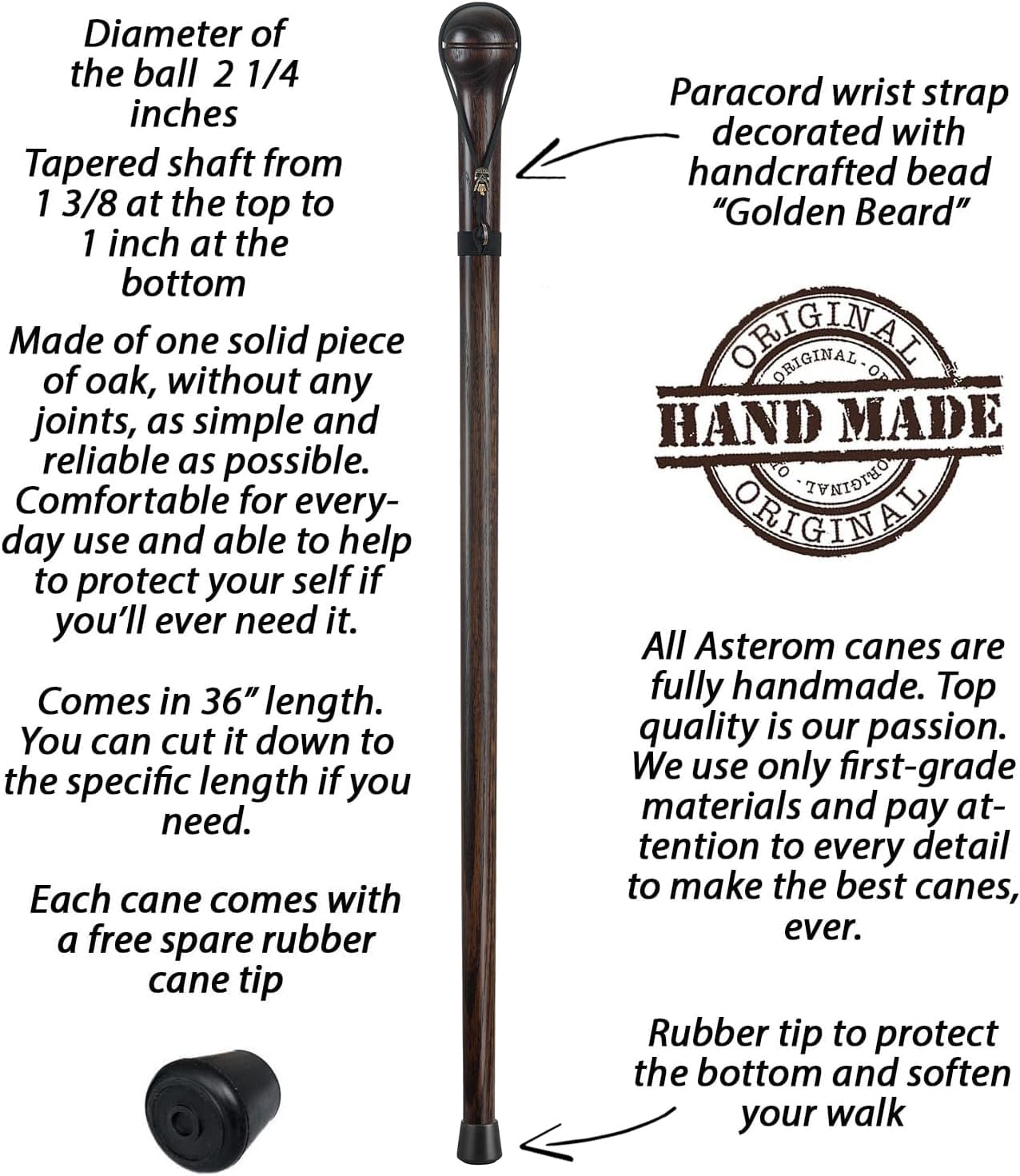 Asterom Handmade Walking Stick for Men - Solid Hardwood Carved Cane with Unique Paracord Skull Strap (Nutcracker)