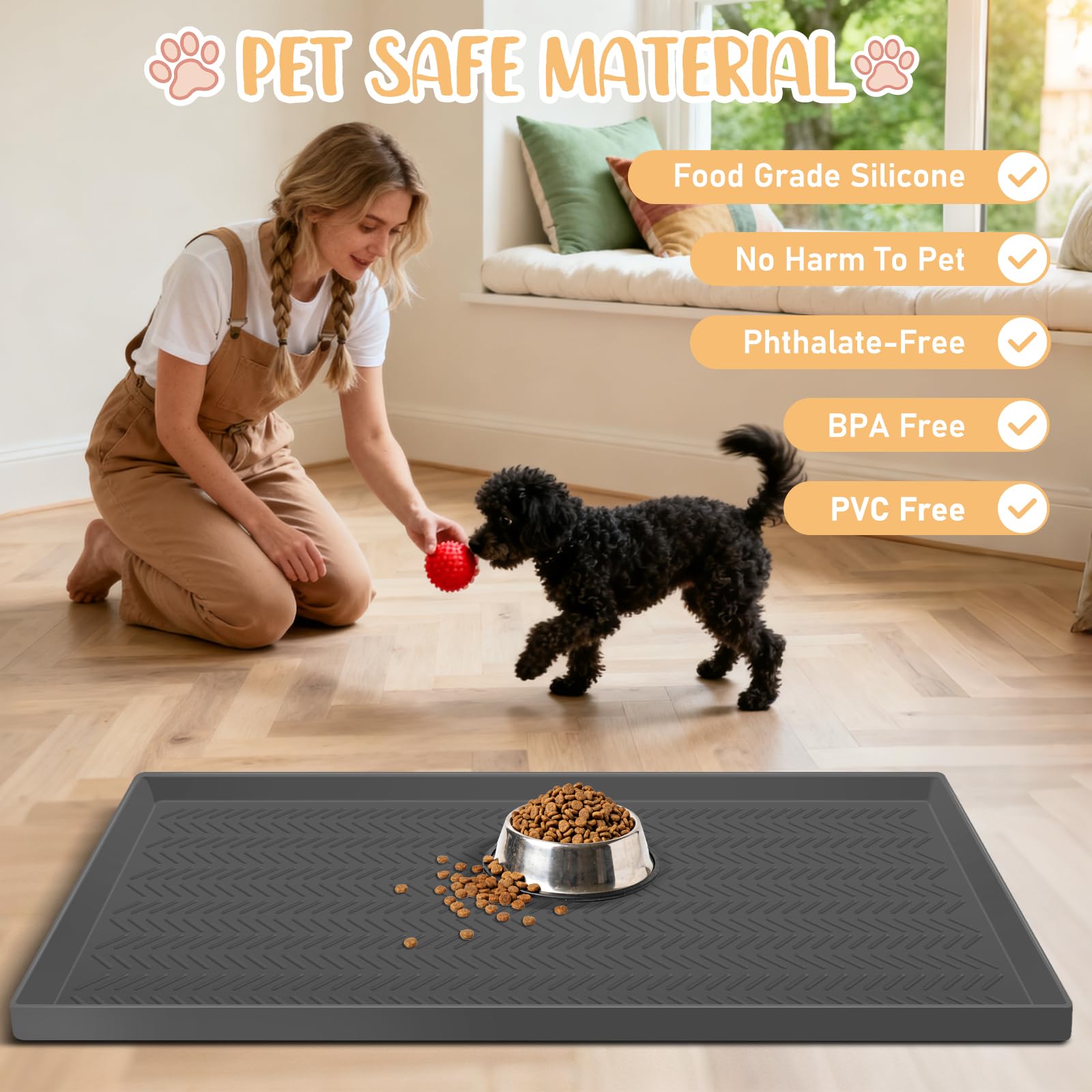 Kalolary Silikon-Hundefuttermatte, 4.6 x 1.3 FT wasserdichte Futtermatte für Haustiere mit hohem Rand, um Verschütten zu vermeiden, Hundetrinknapf-Platzsets für den Innenbereich, leicht zu reinigen