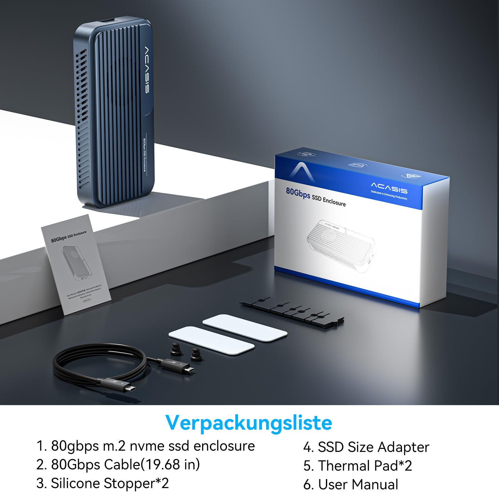 ACASIS TBU501PRO 80Gbps M.2 NVMe SSD Gehäuse mit Cooling Fan, 80Gbps Nvme Gehäuse Compatible mit Thunderbolt 5/USB4 V2.0, MacBook Pro M4/M4 Pro und M4 Max, Mac mini M4,Blau