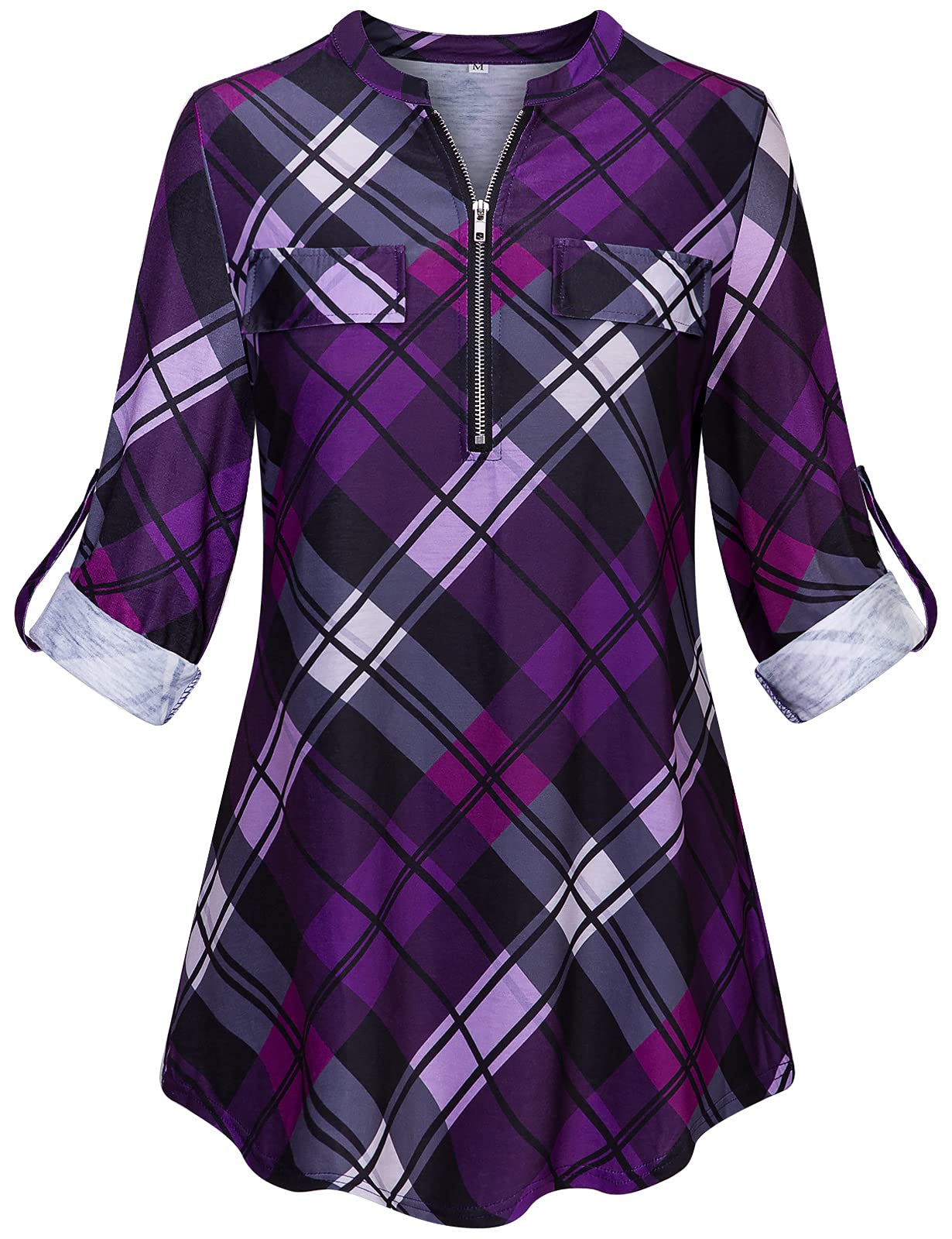 Tanst Sky Womens Casual Long Sleeve Zipped V Neck Plaid Tunic Blouses