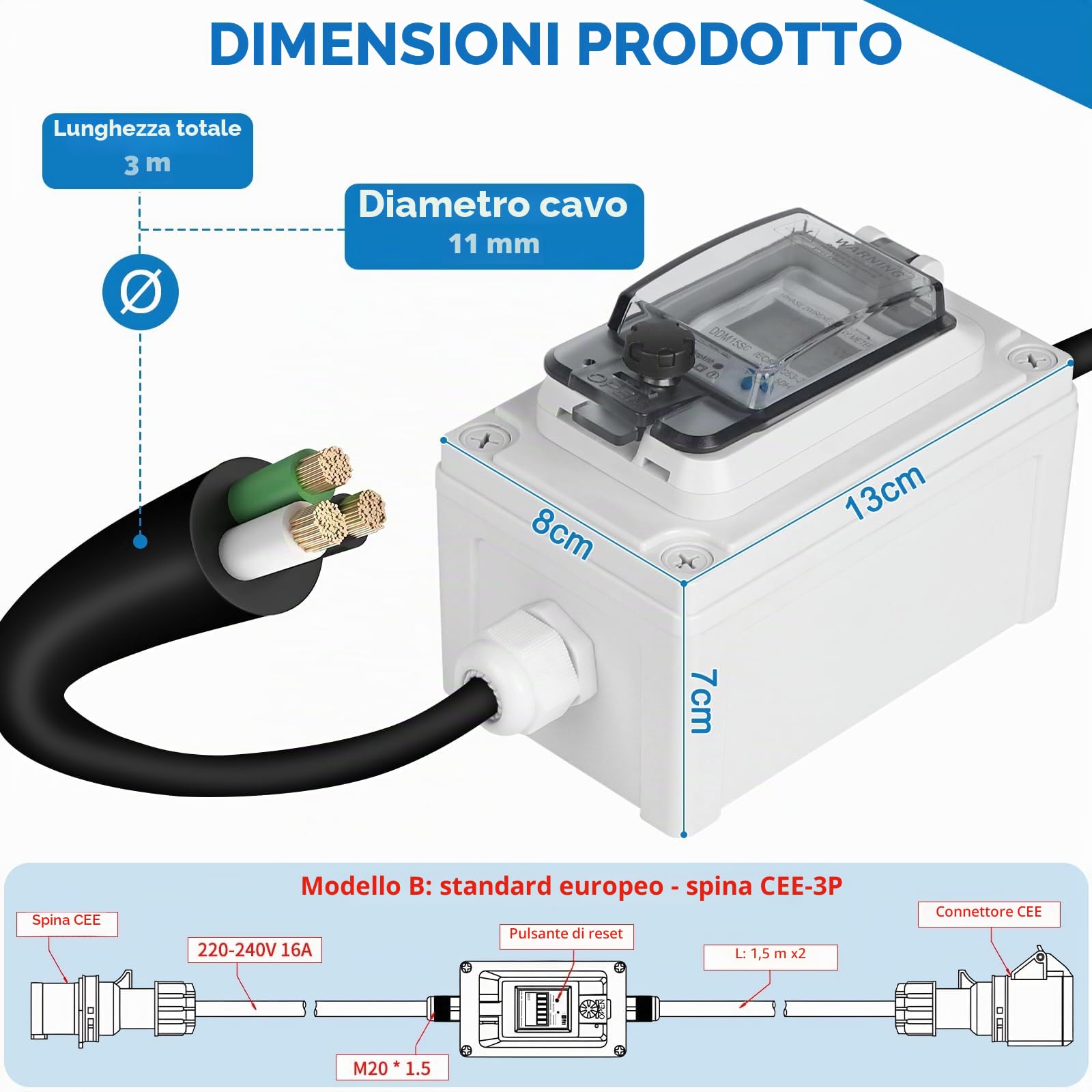 SWAWIS Wattmetro Digitale Mobile con Spina CEE 230V IP67 Misuratore Consumo Elettrico Mobile Outdoor Contatore Energia Elettrica Con Led/Reset Misuratore di Consumo Elettrico