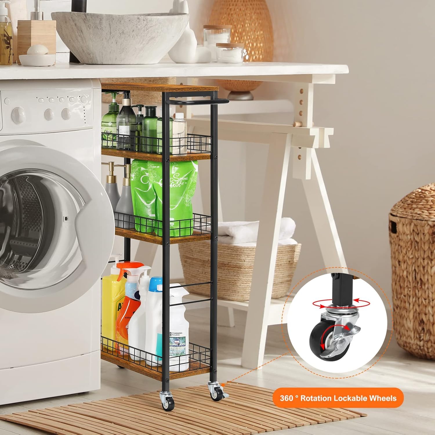 CADUKE Carrito de Almacenamiento Delgado de 4 Niveles, Carrito de Cocina Estrecho con Ruedas, Carrito de Servicio con Mesa de Madera, Unidad de estantería móvil, Organizador de Almacenamiento