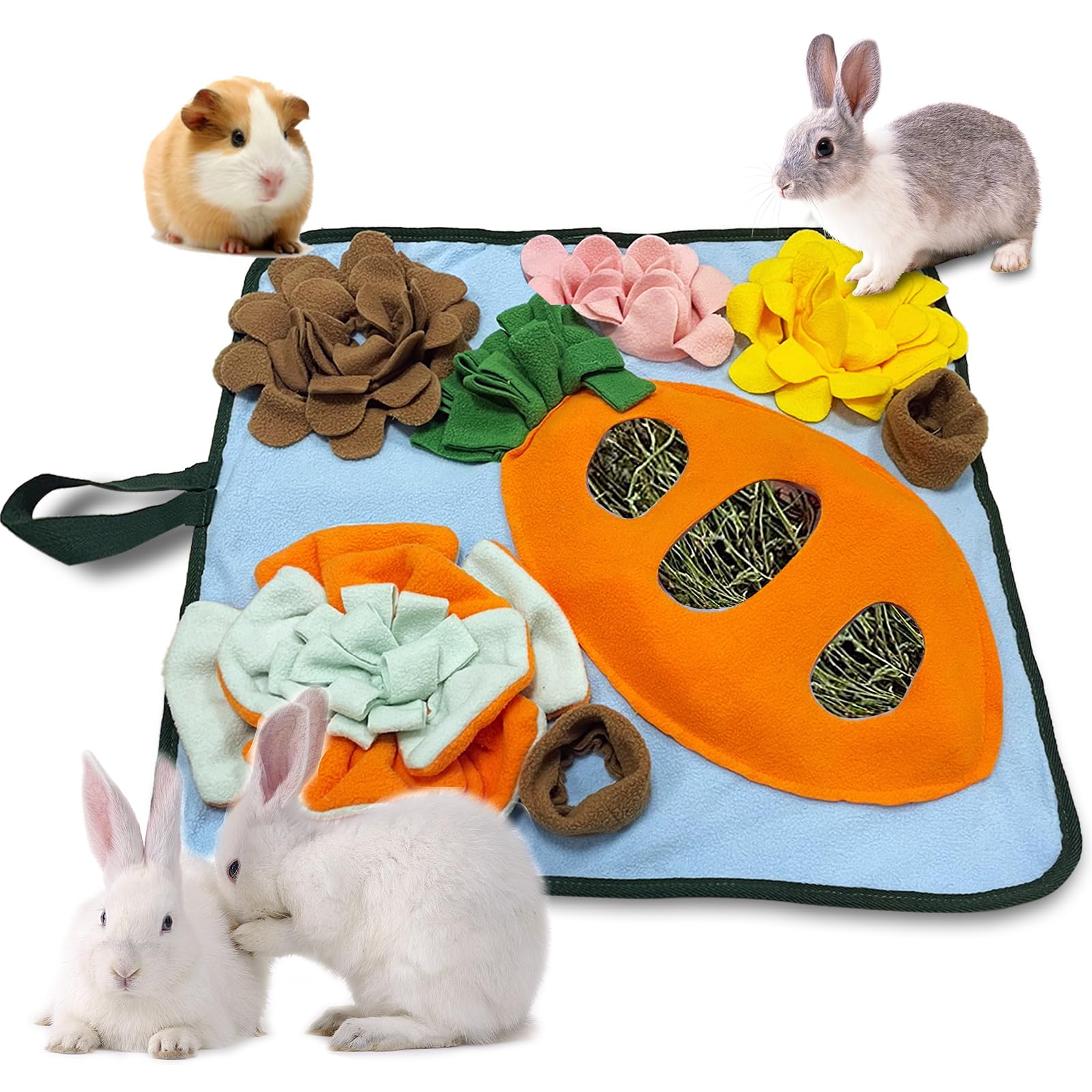 Adpartner Rabbit Foraging Mat Bunny Toys, 20"x20" Rabbit Snuffle Mat Interactive Feeding Game, Washable Bunny Hay Feeder Treat Dispenser Foraging Toys for Rabbits Guinea Pigs Chinchillas Ferrets