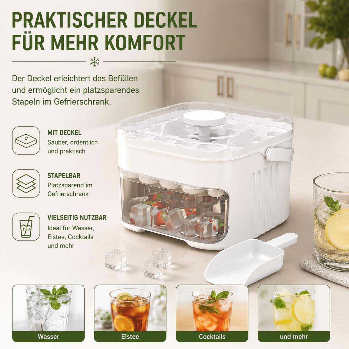 Tragbarer Eiswürfelbereiter mit Deckel, Portable Ice Cube Maker, Eiswürfelmaschine mit Pressmechanismus, 50 ​​Fächern, Eiswürfelform, mit Schublade und Auffangbehälter, für die heimische Küche (Grün)