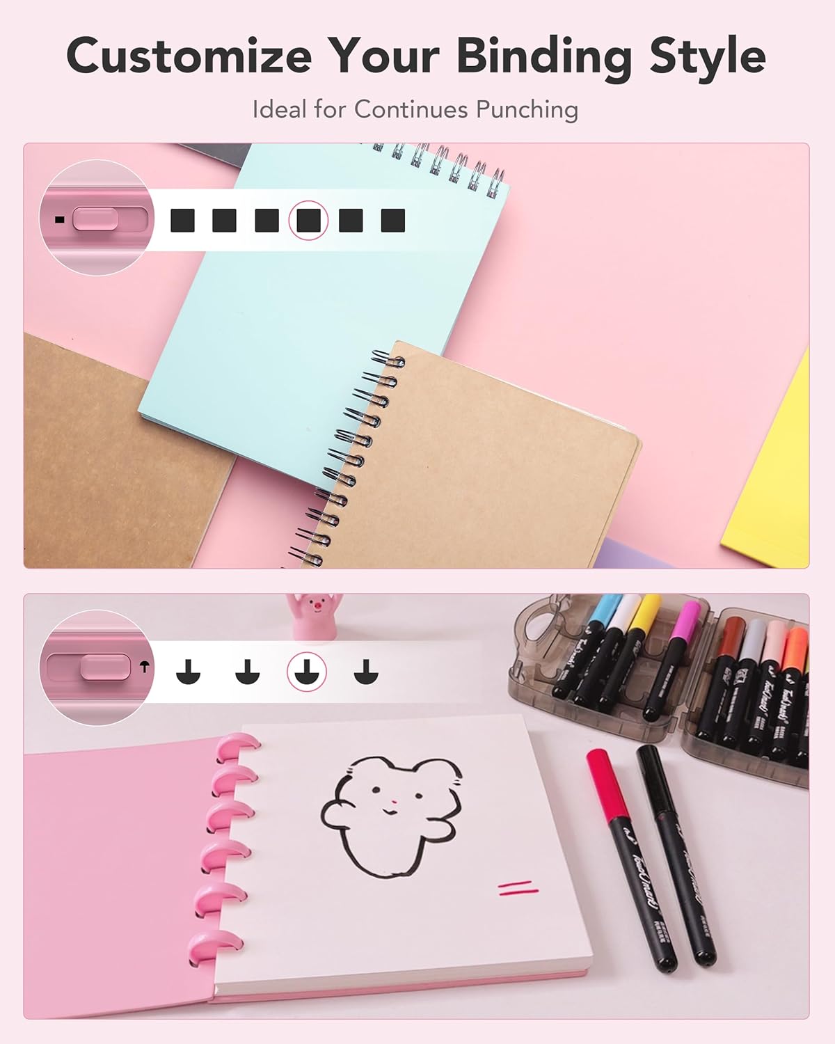 MAKEASY Binding Machine, 2-in-1 Wire & Disc Hole Punch, Pitch 2:1, 30 Sheet Punch Capacity, Portable Book Binding Kit with Starter Accessories for DIY Planners & Scrapbooks, Pink