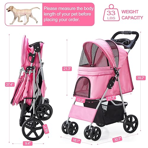 Miniatura 7 de Cochecito para mascotas, cochecito para perros medianos y pequeños con cesta de almacenamiento, plegable y ligero, 4 ruedas, color rosa