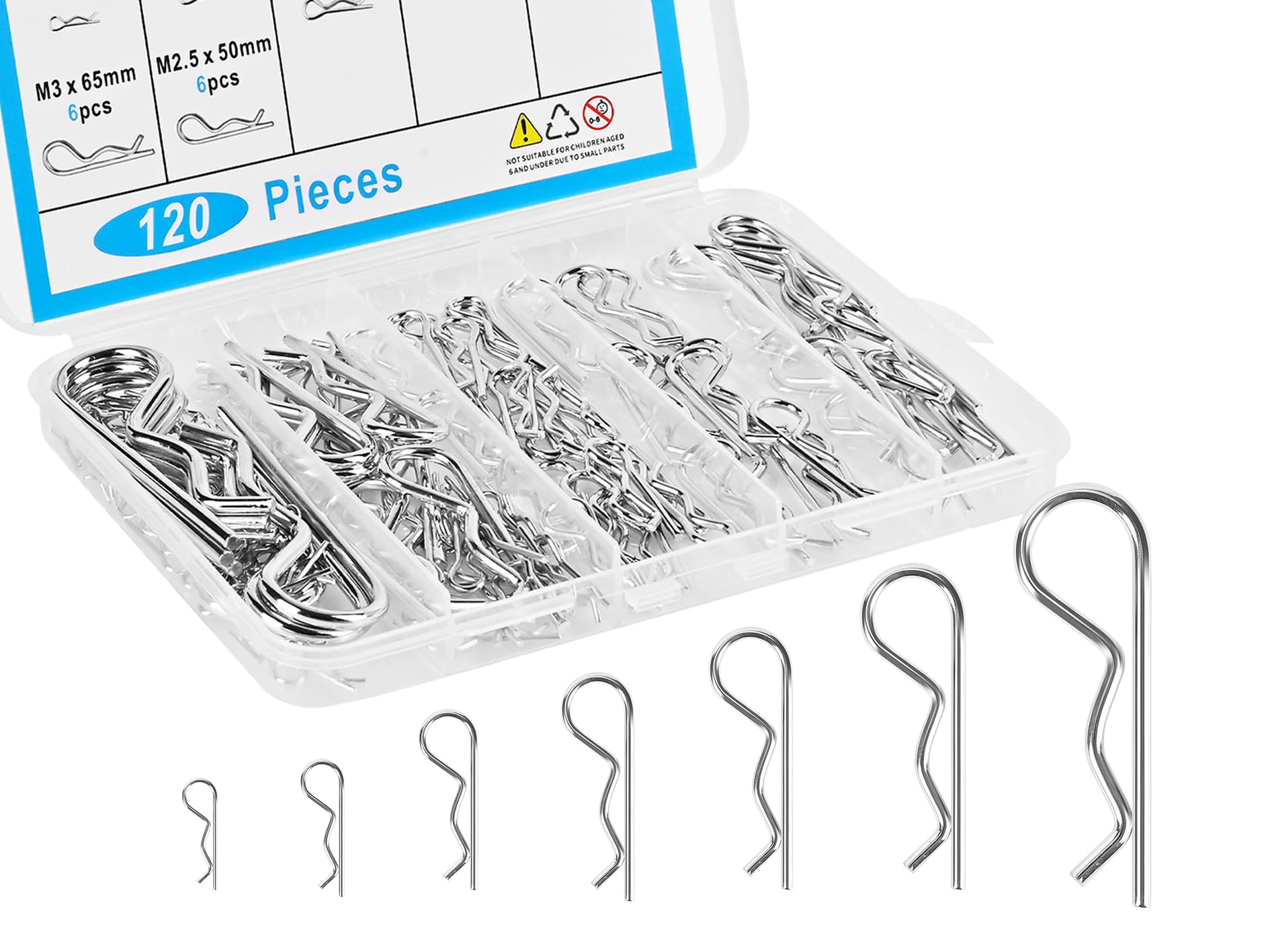120pcs Premium Cotter Pin Assortment Kit, Heavy Duty R-Shaped Cotter Pins, 7 Sizes Zinc Plated Carbon Steel Hardware Pins for Automotive, Machinery, Lawn Mowers, and DIY Projects