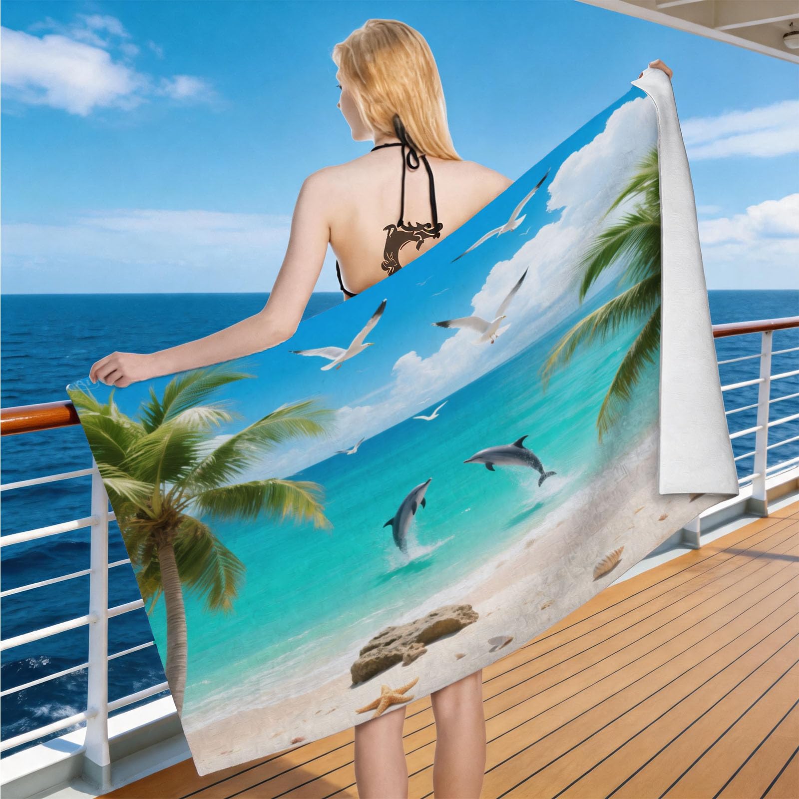 Hongduo Microfiber Quick Dry Beach Towel Dolphin, 3D Coconut Tree & Seagull Beach Towels Absorbent Fast Drying Bath Towels, Travel Camping Gym Swimming Bathroom (80x160cm)