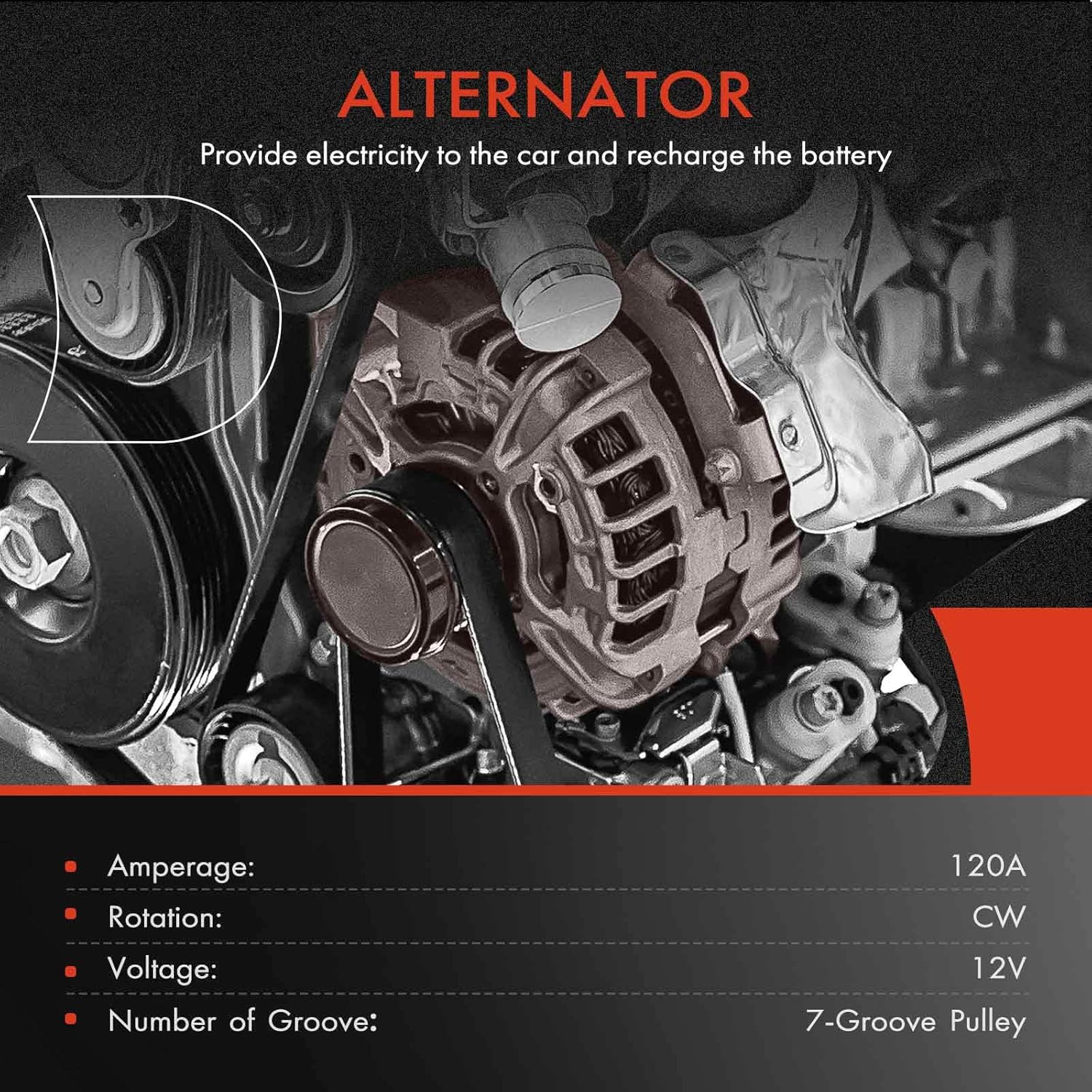 A-Premium Alternator Compatible with Land Rover Range Rover 1995-1998, Discovery 1996-1998, Defender 90 1997, 12V 120Amp CW 7-Groove Pulley, Replace# LRB00283, 63321353