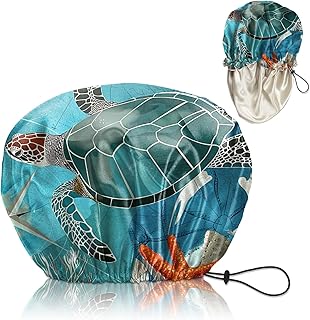 Luxury Shower Cap Satin Silk Lined Adjustable Elastic Reusable Waterproof Shower Bath Cap Cute for Women Girls-Sea Turtle