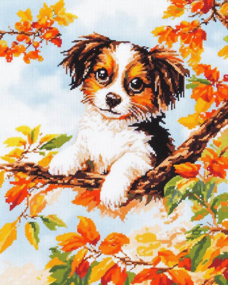 WallustrioaW Art Pre Printed Cross Stitch Kits for Adults Beginners,Dog on a Flower Branch,11CT Stamped Embroidery Kit Wall Art Home Decor,16x20in