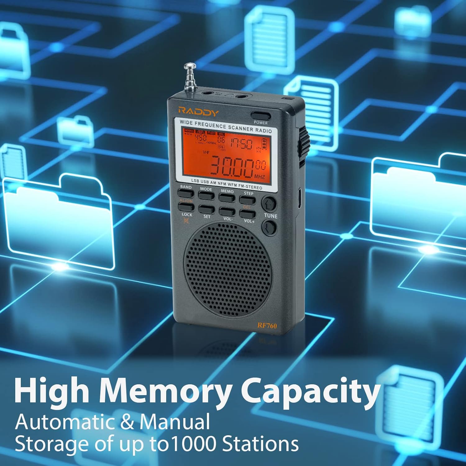 Raddy RF760 radio highlighting its high memory capacity for automatic and manual storage of up to 1000 stations.
