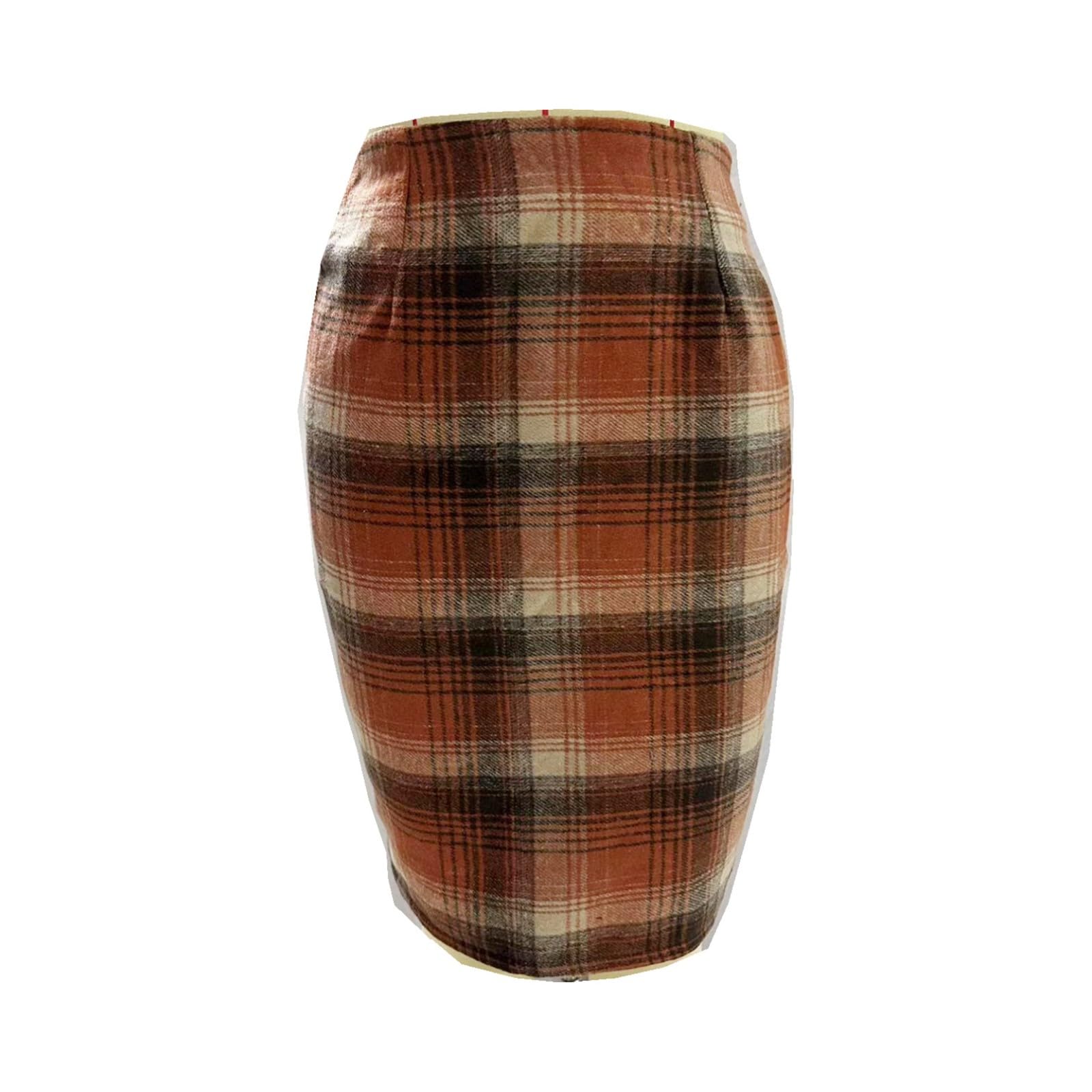 Womens Plaid Skirt Knee Length High Waisted Tweed Bodycon Tartan Midi Skirts Comfy Gingham Wool Pencil Skirt