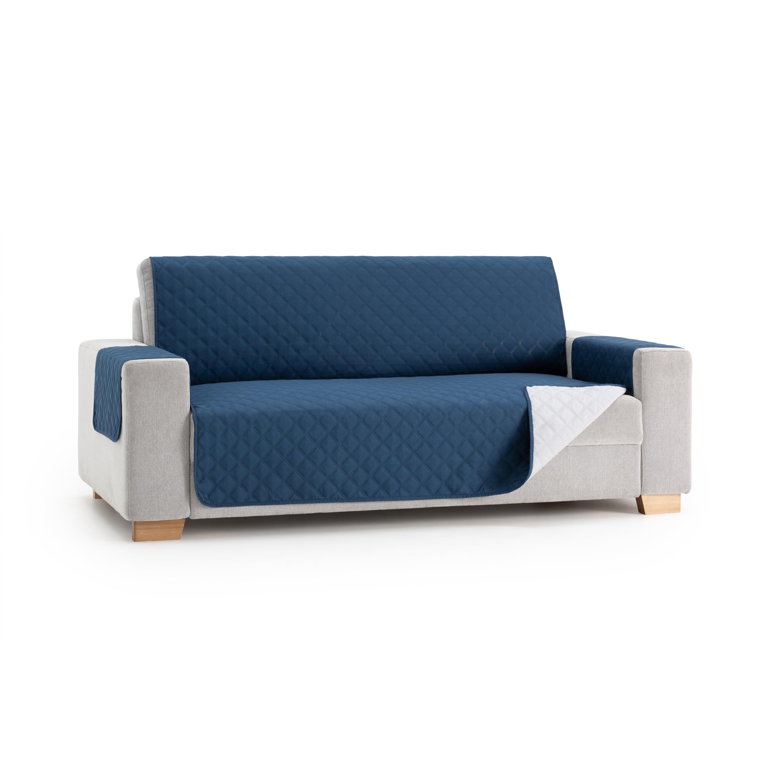 MAXIFUNDAS | Cubre Sofá Acolchado Reversible | 2 Plazas | Azul/​Gris Claro | Cubre Protector Sofá con Tiras Elásticas de Sujeción | Modelo MAUI
