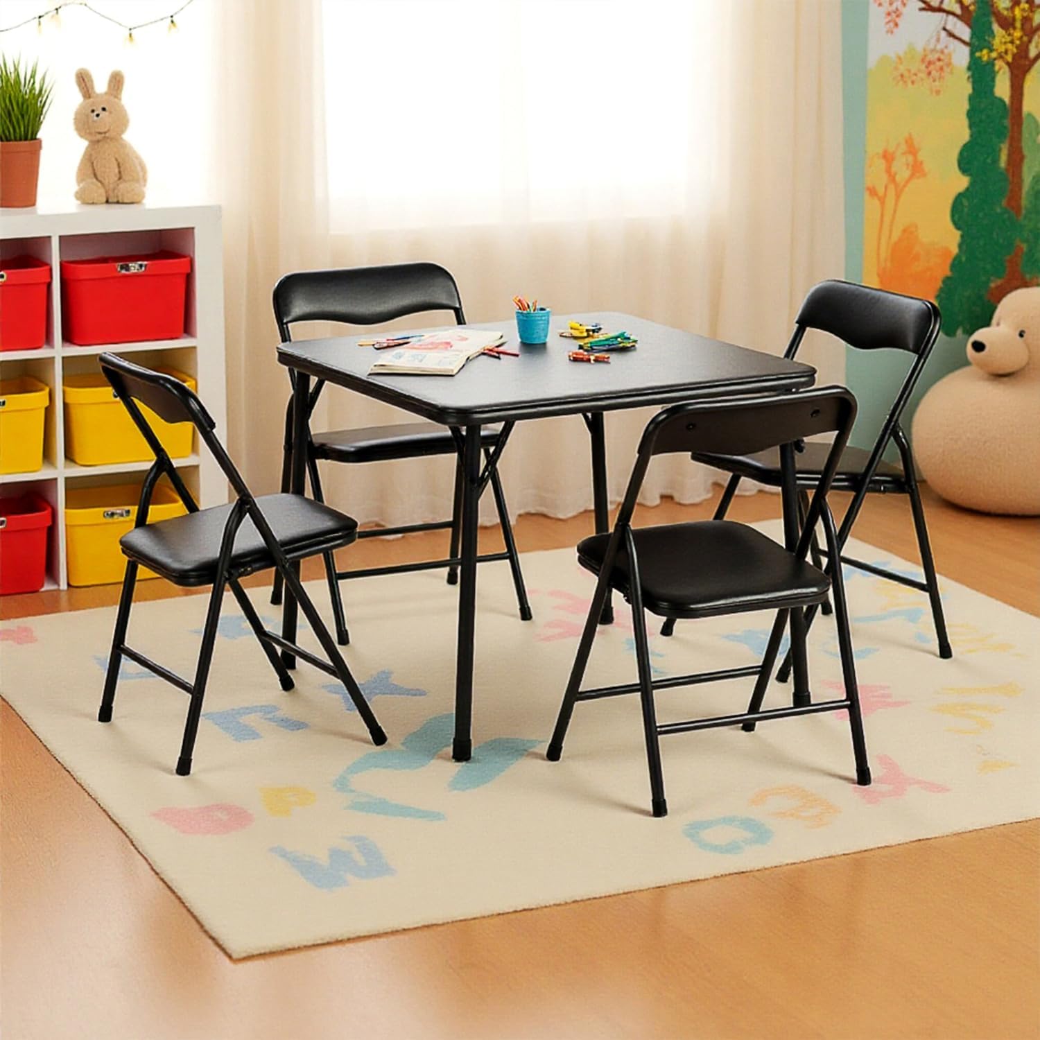 FurnitureR Kids 5-Piece Folding Square Table and Chair Set, Toddler Dining/Studying/Playing/Drawing Set Ideal for Daycare and Classrooms, Children's Activity Set, Black