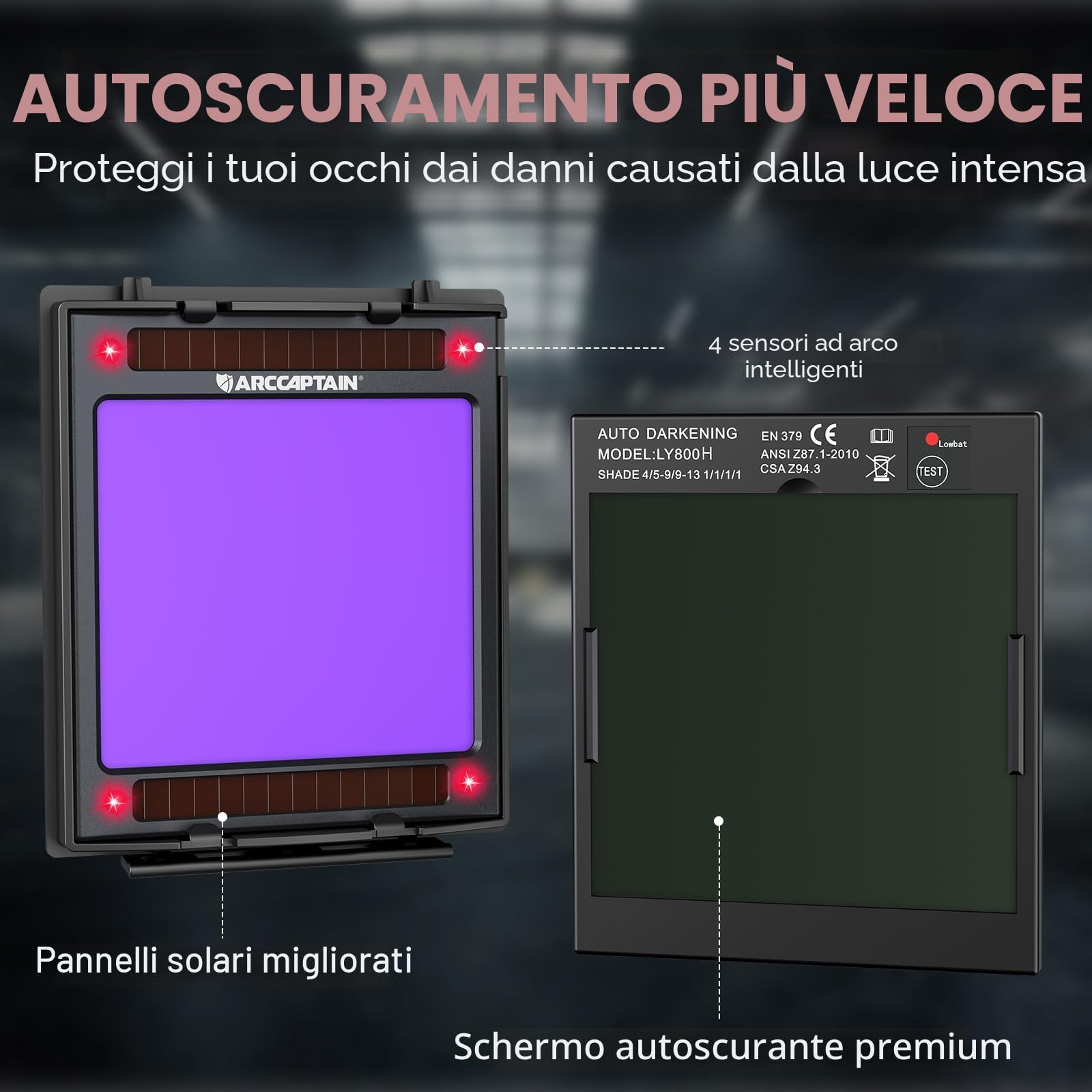 ARCCAPTAIN 10 x 9,3 cm, casco per saldatura auto oscurante, ad energia solare, cappuccio per saldatura a colori veri, casco per saldatore con chiarezza ottica 1/1/1/1, 4 sensori ad arco largo 4/5-9/9