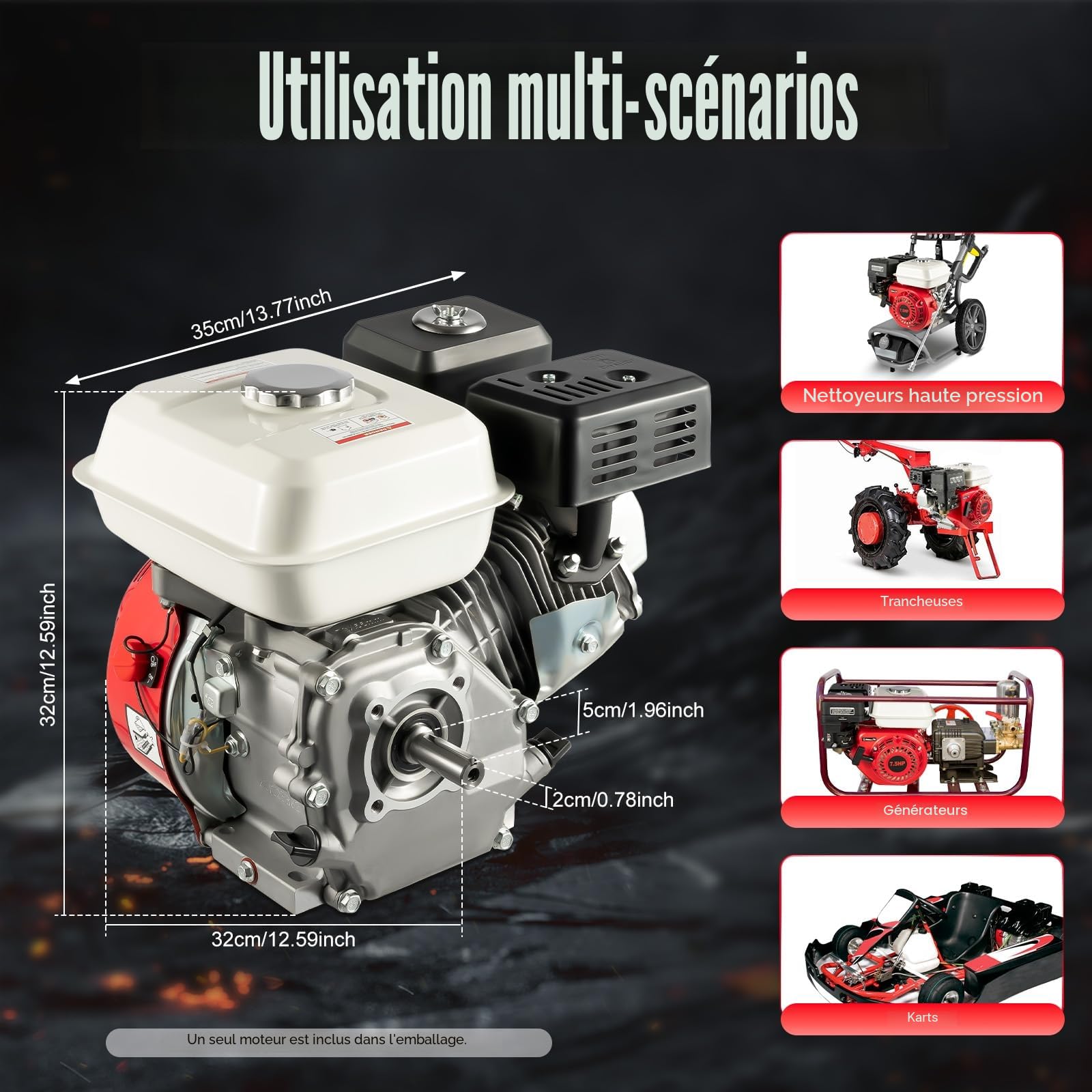 Moteur à essence 4 temps 7,5 CV - Moteur à essence avec arbre de 20 mm de diamètre et alarme d'huile - Faible consommation de carburant - Moteur industriel 3600 tr/min