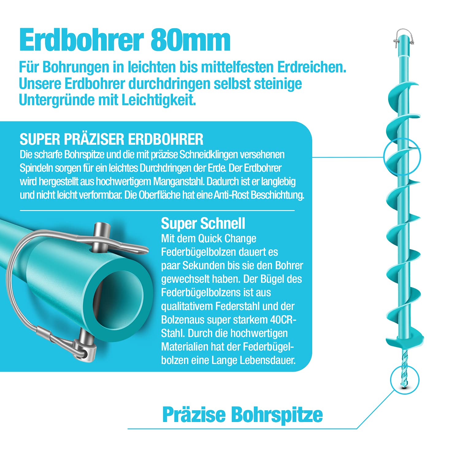 Wiertło do gleby 80 mm – idealne do prac ziemnych i wiercenia studni – wytrzymała końcówka 80 mm z precyzyjnymi ostrzami tnącymi – wrzeciono jakości premium – łatwa obsługa
