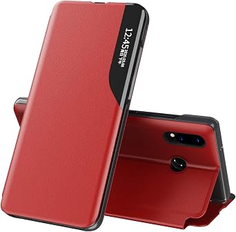 Case for Huawei P30 Lite, Clear View PU Leather Flip Case with Kickstand, Shockproof Protective Cover, Women Men, Red