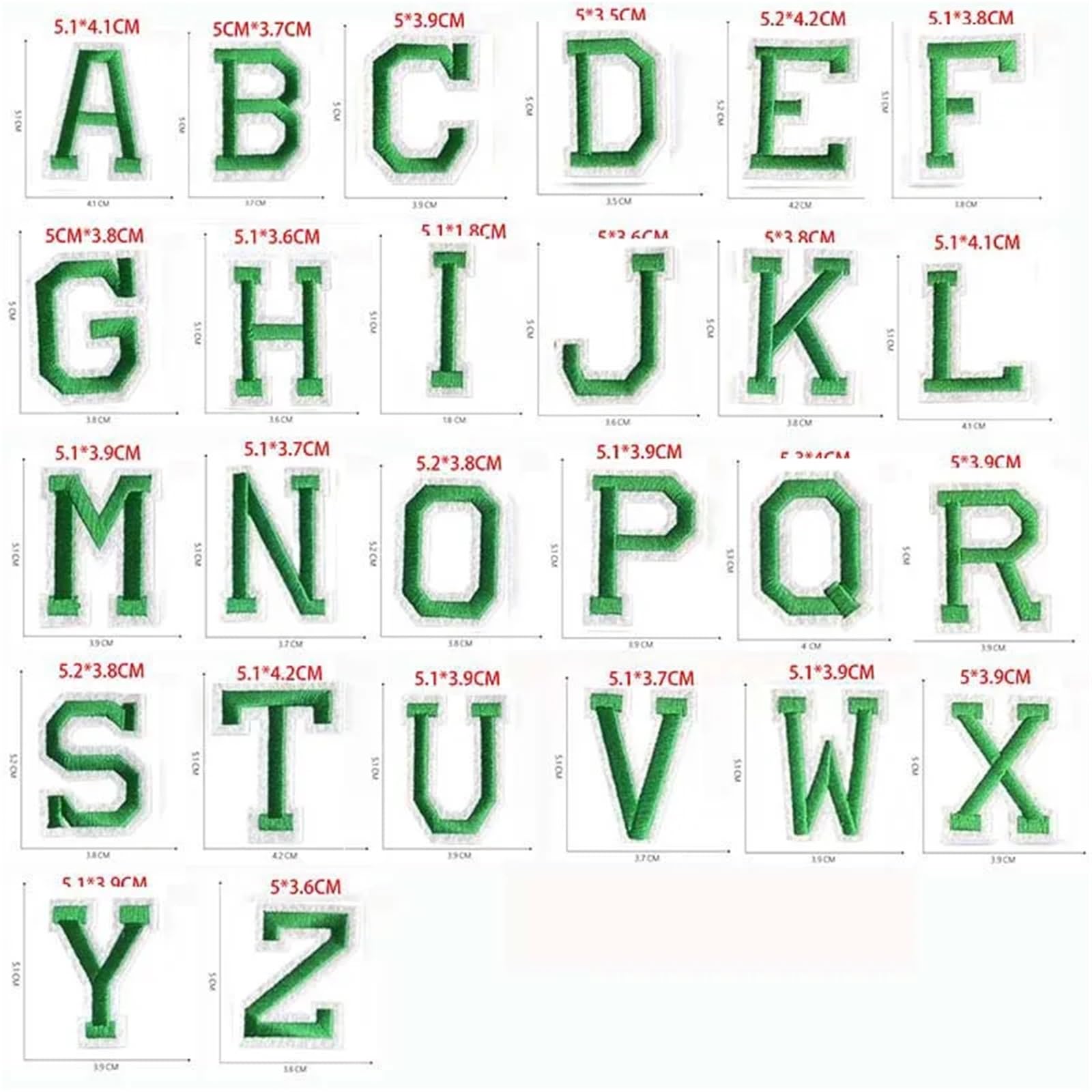 Aufnäher zum Aufbügeln für Kleidung, 12 Stück, A ~ Z, zum Aufbügeln, grüne Alphabet-Abzeichen, Stoffapplikation, Stickerei (1 Set - 26 Buchstaben)