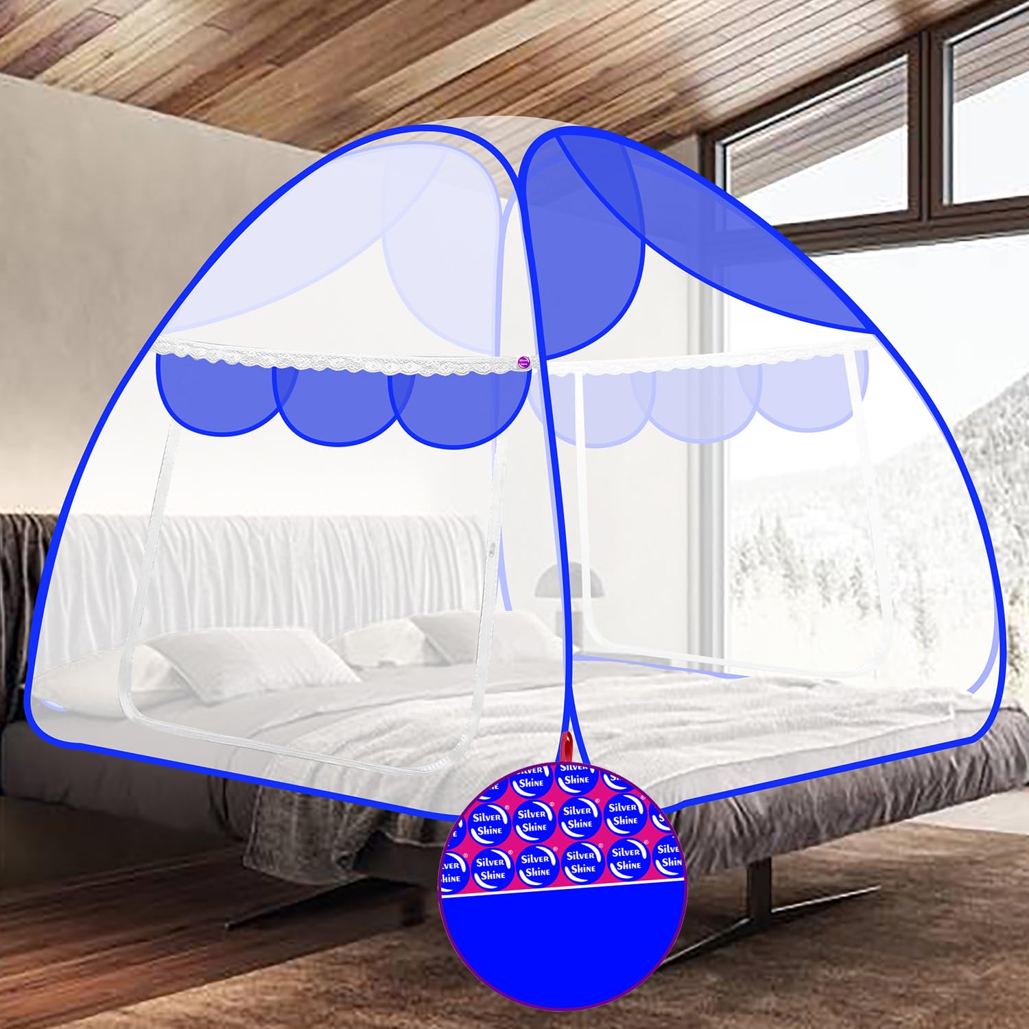 silver shine premium mosquito net for king size bed for queen size bed bed polyester| foldable machardani mosquito net double bed for mosquitoes |2.4 mm strong pvc coated tent style (blue-white-blue)