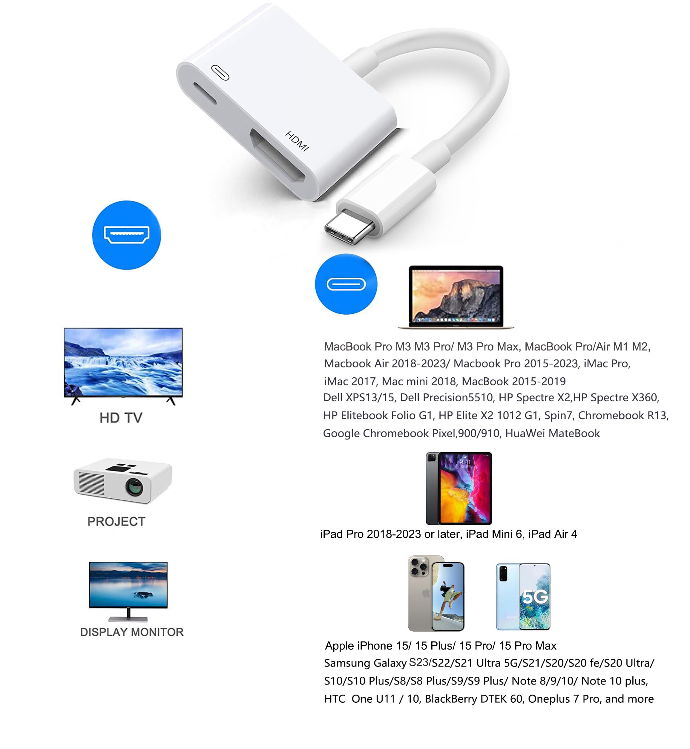 Adattatore da USB C a HDMI 4K a 60Hz, convertitore femmina HDMI digitale AV USB di tipo C certificato MFi per iPhone 16 15, MacBook Pro/Air, iPad Pro, iMac, Galaxy S24, Surface, XPS e