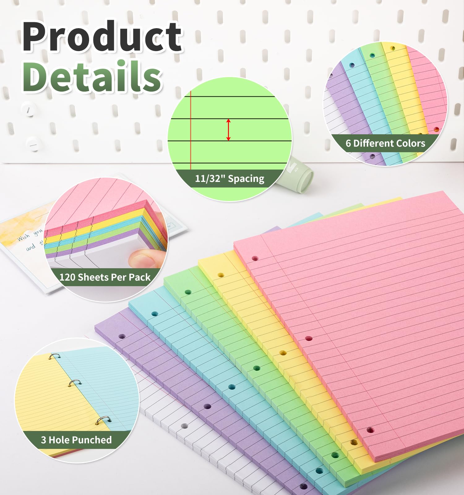 Sheets Loose Leaf Binder Paper, 6-Color Wide Ruled Lined Paper, 8” x 10.5”, 3-Hole Punched Notebook Paper Writing Paper for School Office: 120