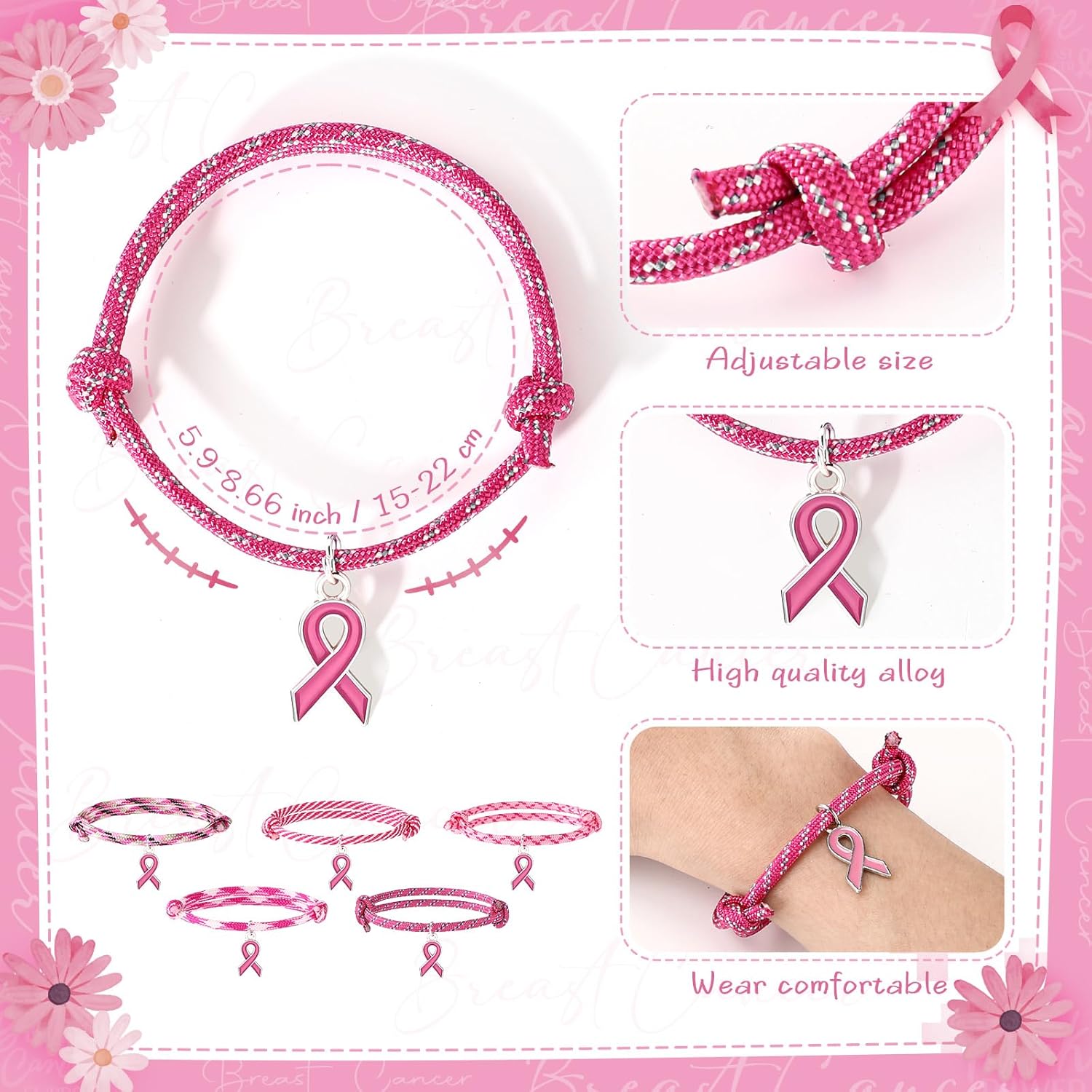 Tondiamo 30 Pcs Adjustable Breast Cancer Awareness Bracelets Bulk Pink Rope Wristband with Ribbon Charm Pink Breast Cancer Accessories with for Women Charity Survivor Party Favor, 5 Style - Image 2