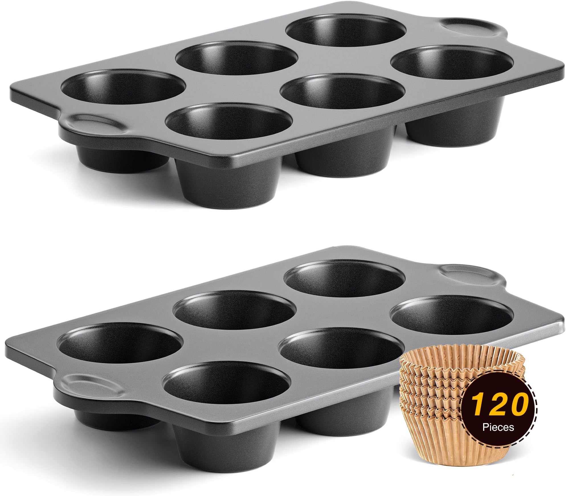 - HONGBAKE Nonstick Jumbo Muffin Pan, 2 Pack Large Cupcake Tin with 120pcs Muffin Liners, Cup Cake Tray for Baking, 3.5dia, 6 Cup, Premium, Extra Thick