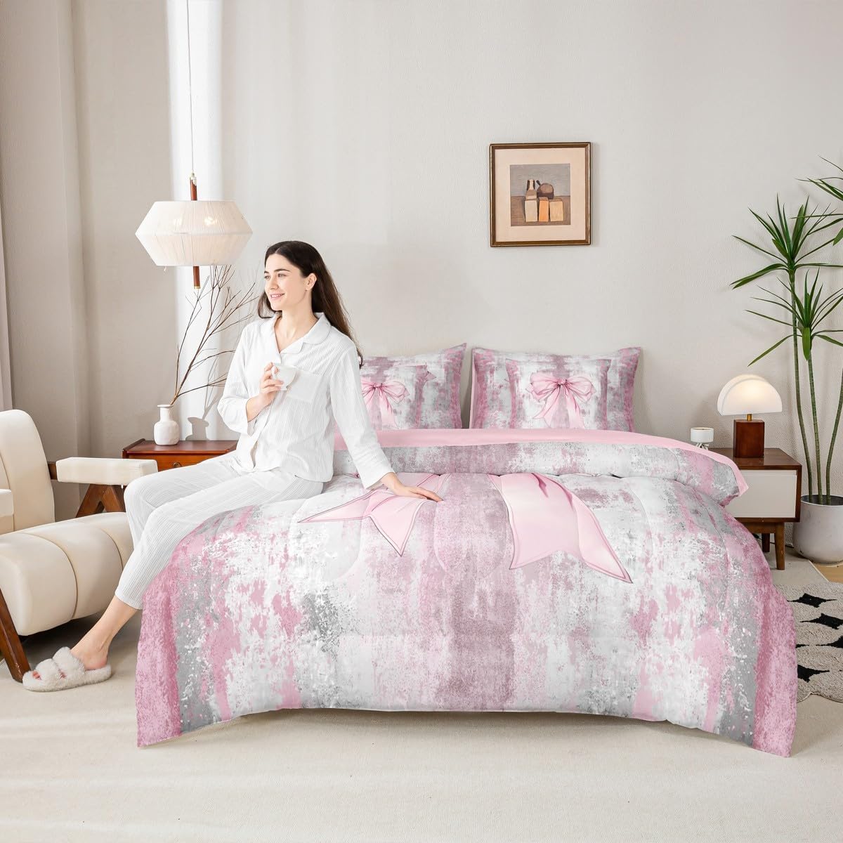 Erosebridal Rustic Farmhouse Bed in A Bag Queen Comforter Set 7 Piece,Romantic Princess Style Modern Bowknot Bedding Sets for Kids Boys Girls Countyr Wooden Dreamy Sweet Pink Sheet Set with Comforter