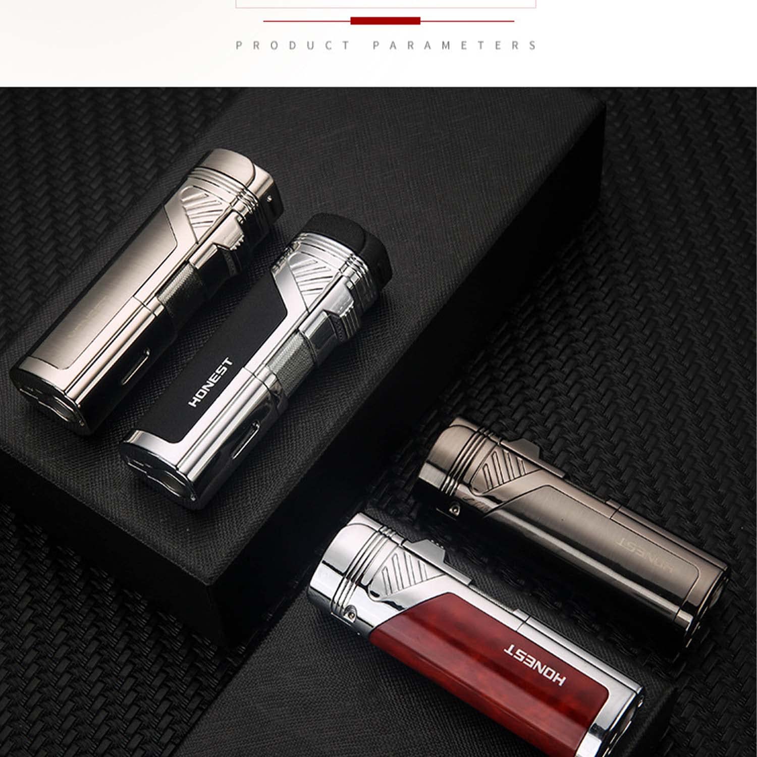 Briquet de Poche Puissant Briquet Au Butane Rechargeable Créatif à 4 Jets avec Fenêtre Visible Poinçon de Cigare pour Bougie Cheminée Camping Feux d'artifice Barbecue