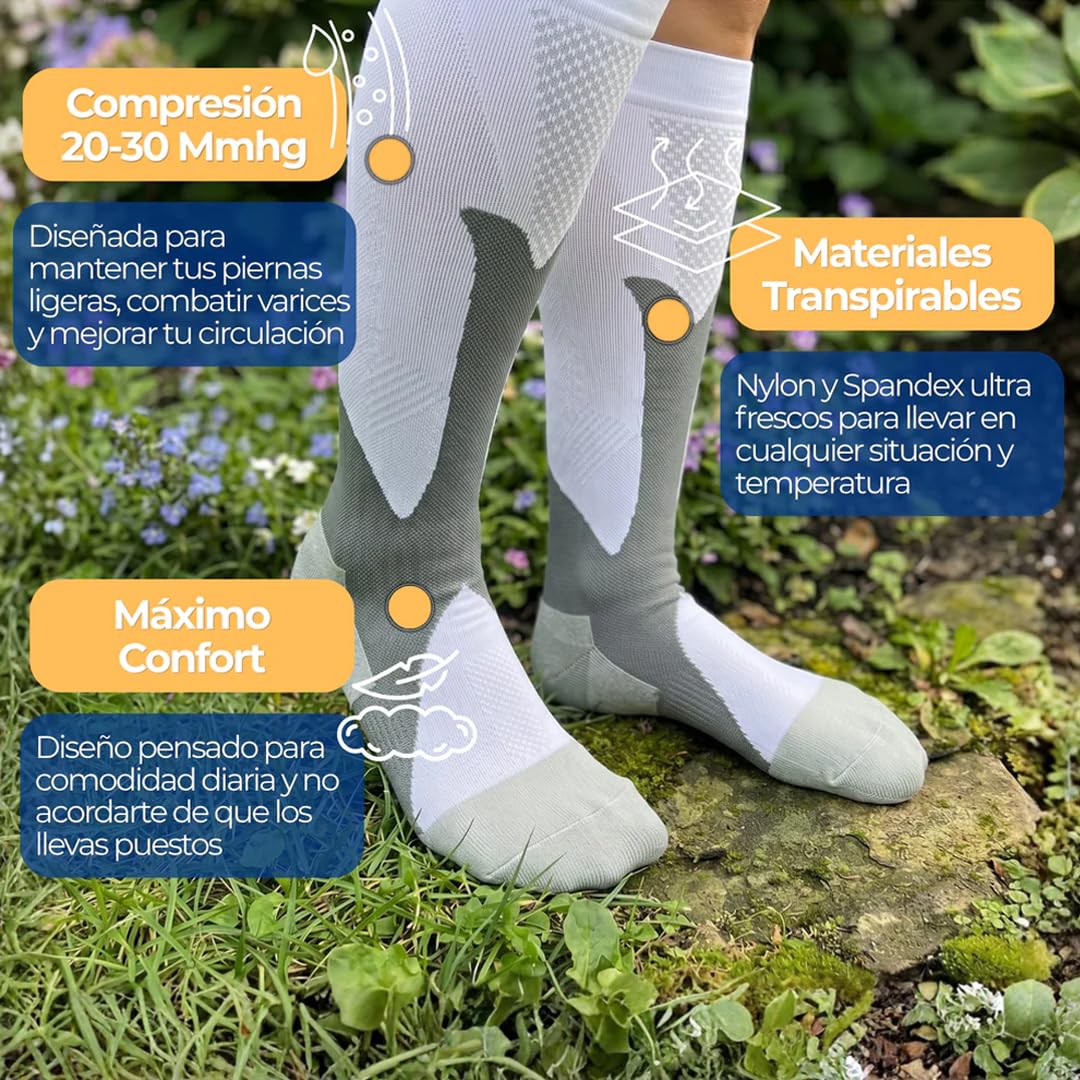 Basoas calcetines de compresión mujer, 20-30mmHg Graduada, Alivio Piernas Cansadas y Hinchazón, Transpirable Bambú, para Viajes Trabajo Deporte