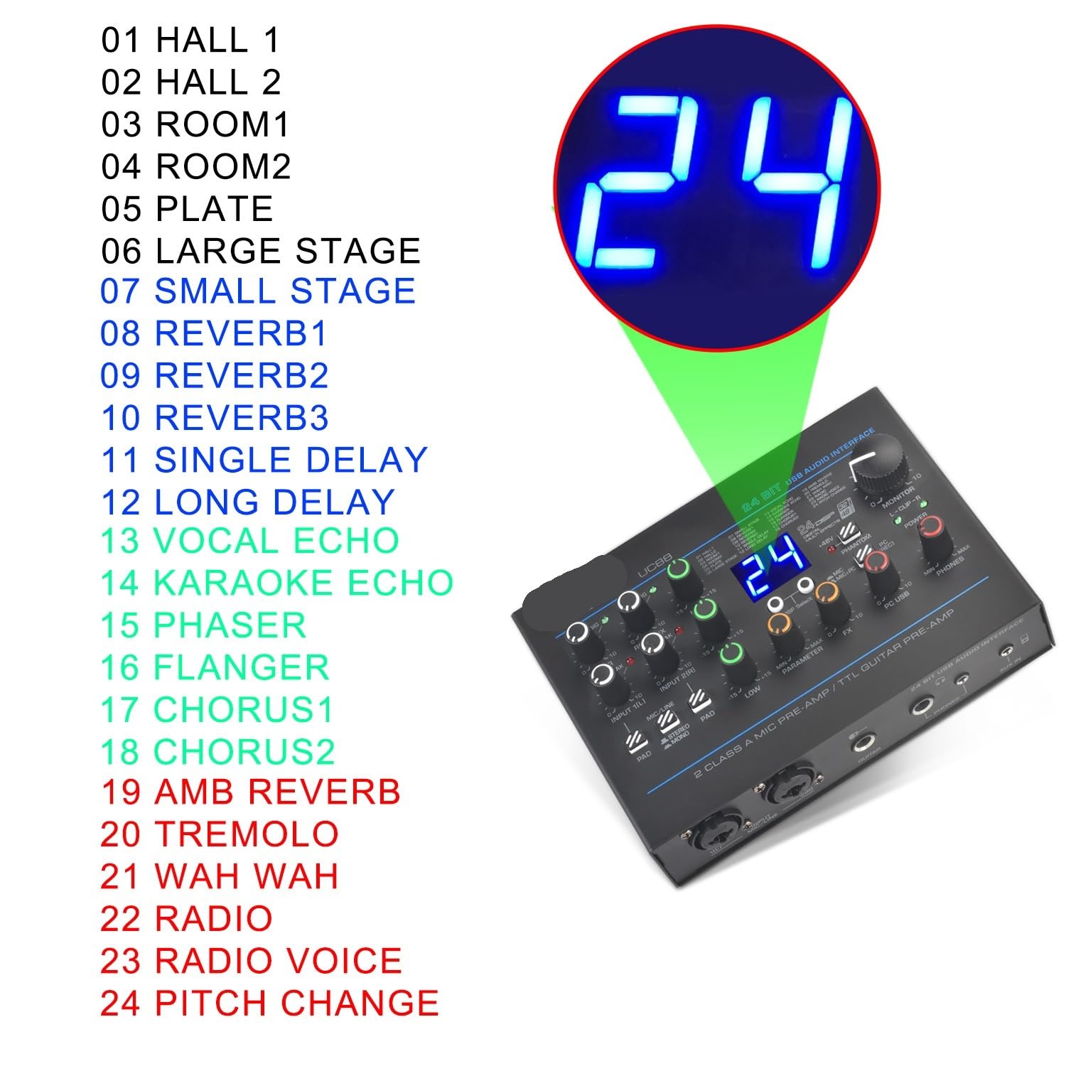 Interface Audio d'enregistrement de guitare à 5 canaux, 24 effets, égaliseur 3 bandes, 48V, Studio externe sans pilote