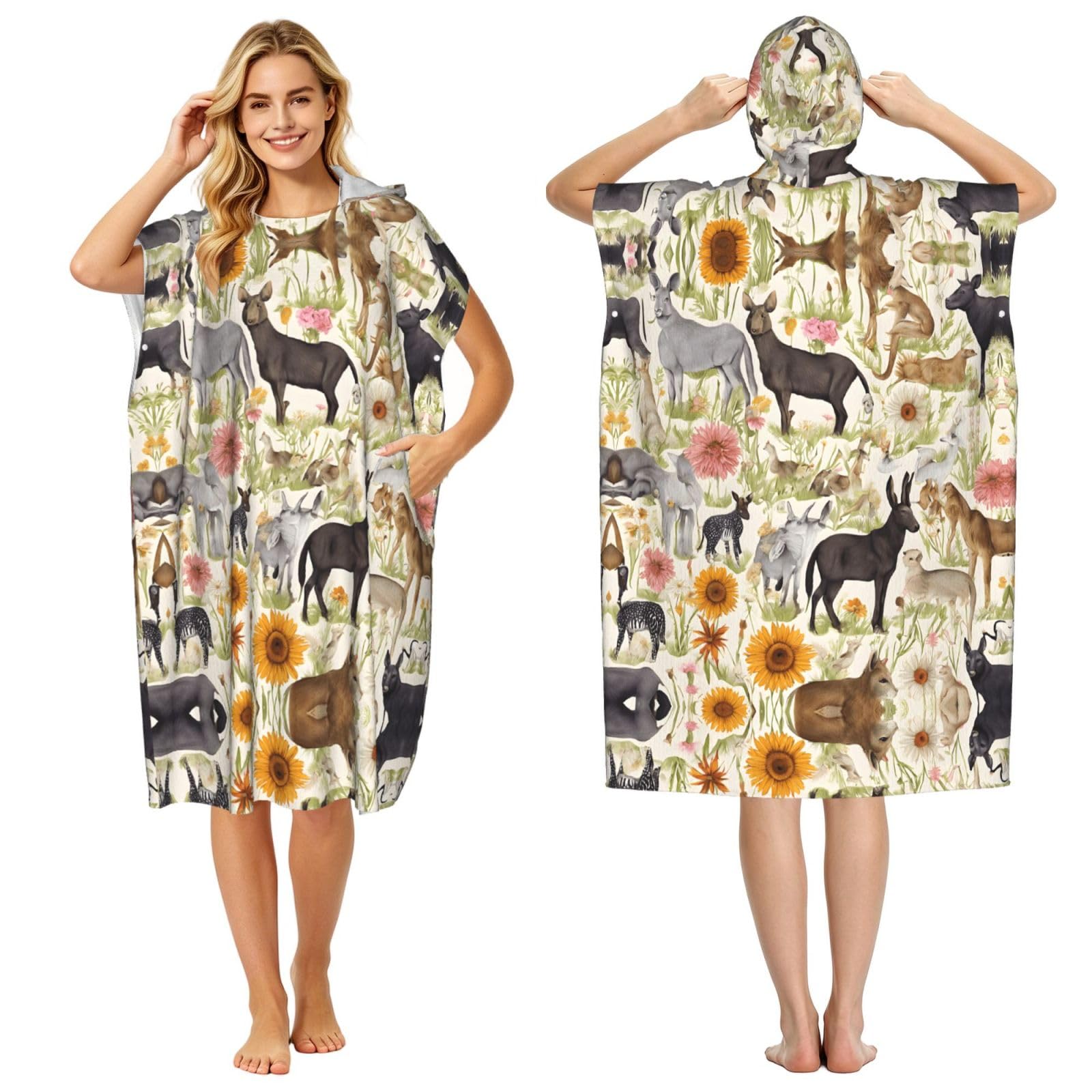 Poncho à capuche en microfibre imprimé animal pour le surf et le bain