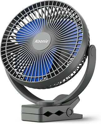 Koonie 8" Clip on Fan, 10000mAh Rechargeable Battery, Strong Airflow | 4 Speeds, Sturdy Clamp, Ideal Portable USB Desk Fan for Office, Golf Cart, Camping, Travel, Tent, Outdoor, Treadmill & Gym