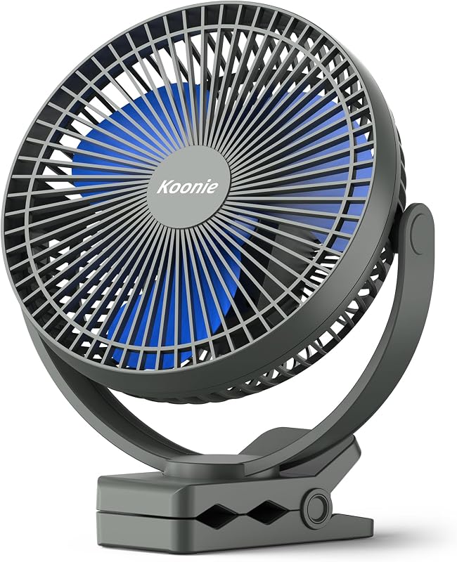 Koonie Ventilador con clip de 8 pulgadas, batería recargable de 10000 mAh, fuerte flujo de aire | 4 velocidades, abrazadera resistente, ventilador de escritorio USB portátil ideal para oficina, carrito de golf, camping, viajes, tienda de campaña, al aire libre, cinta de correr y gimnasio