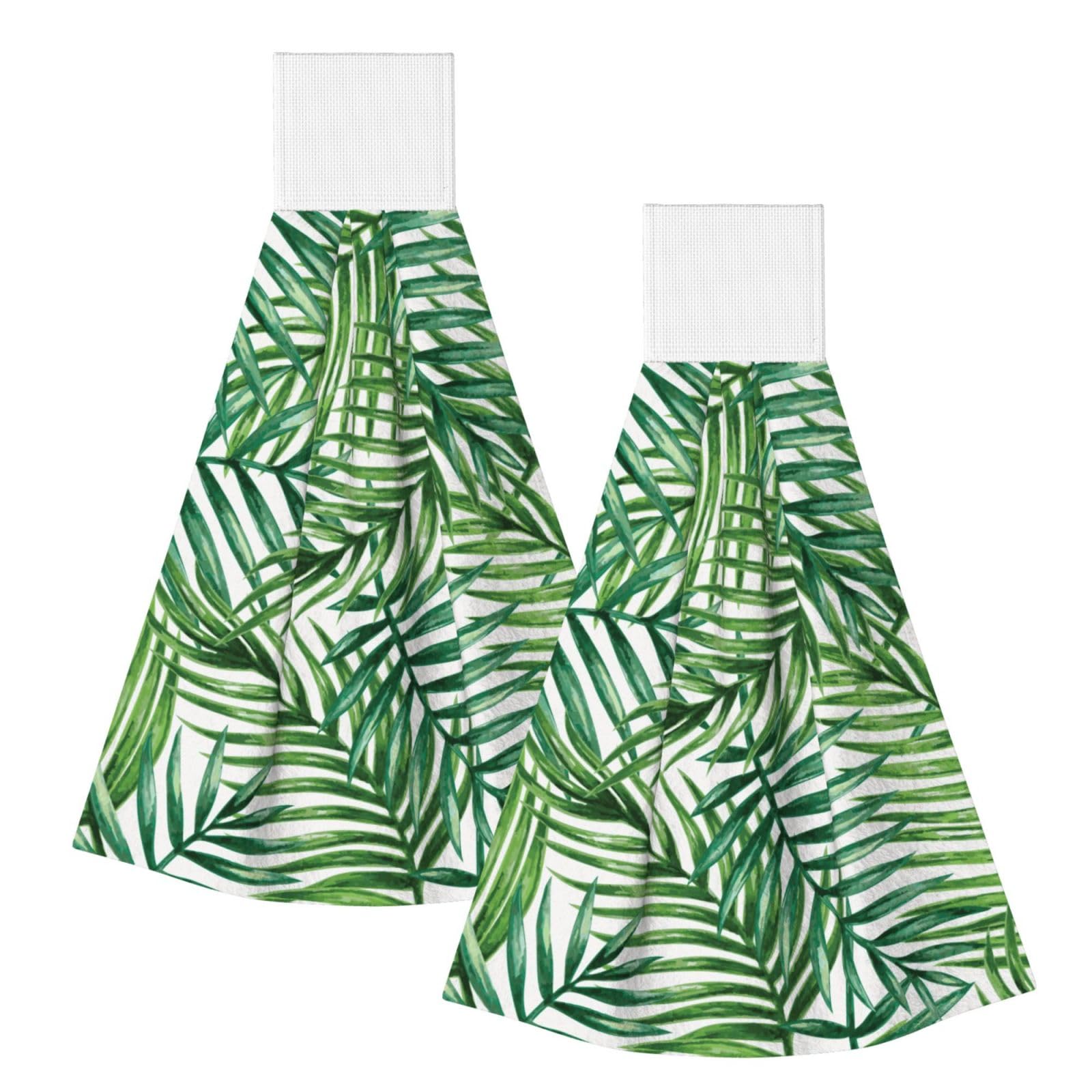 DOPKLNA Tropical Palm Tree Leaves Printed, 2 Pcs Hanging Coral Fiber Hand Towels for Bathroom, Absorbent Kitchen Towels