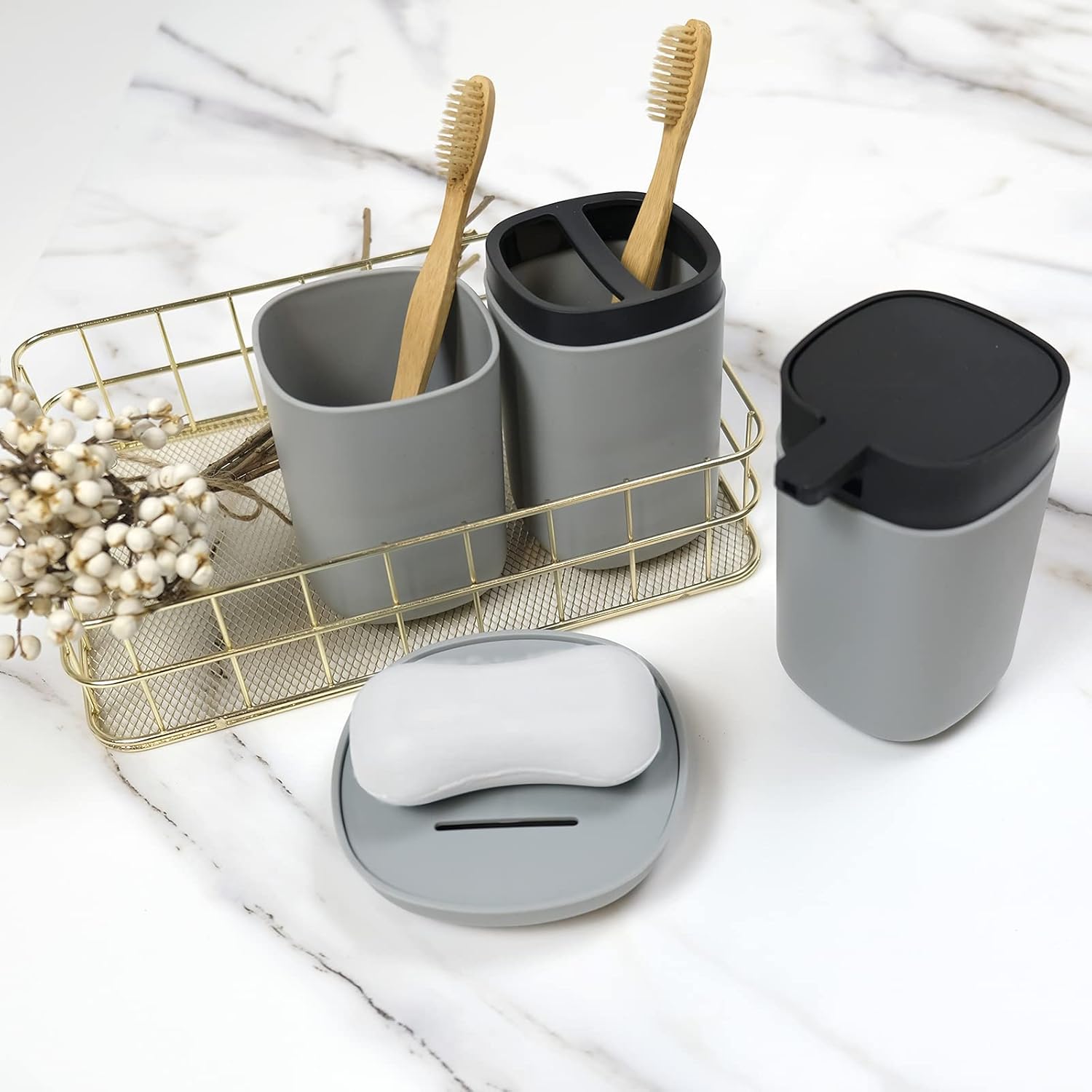 Bathroom Accessories Set of 6 Complete, Toothbrush Holder, Soap Dispenser, Garbage Trash Can, Soap Dish, Toothbrush Cup and Toilet Brush Holder, Grey
